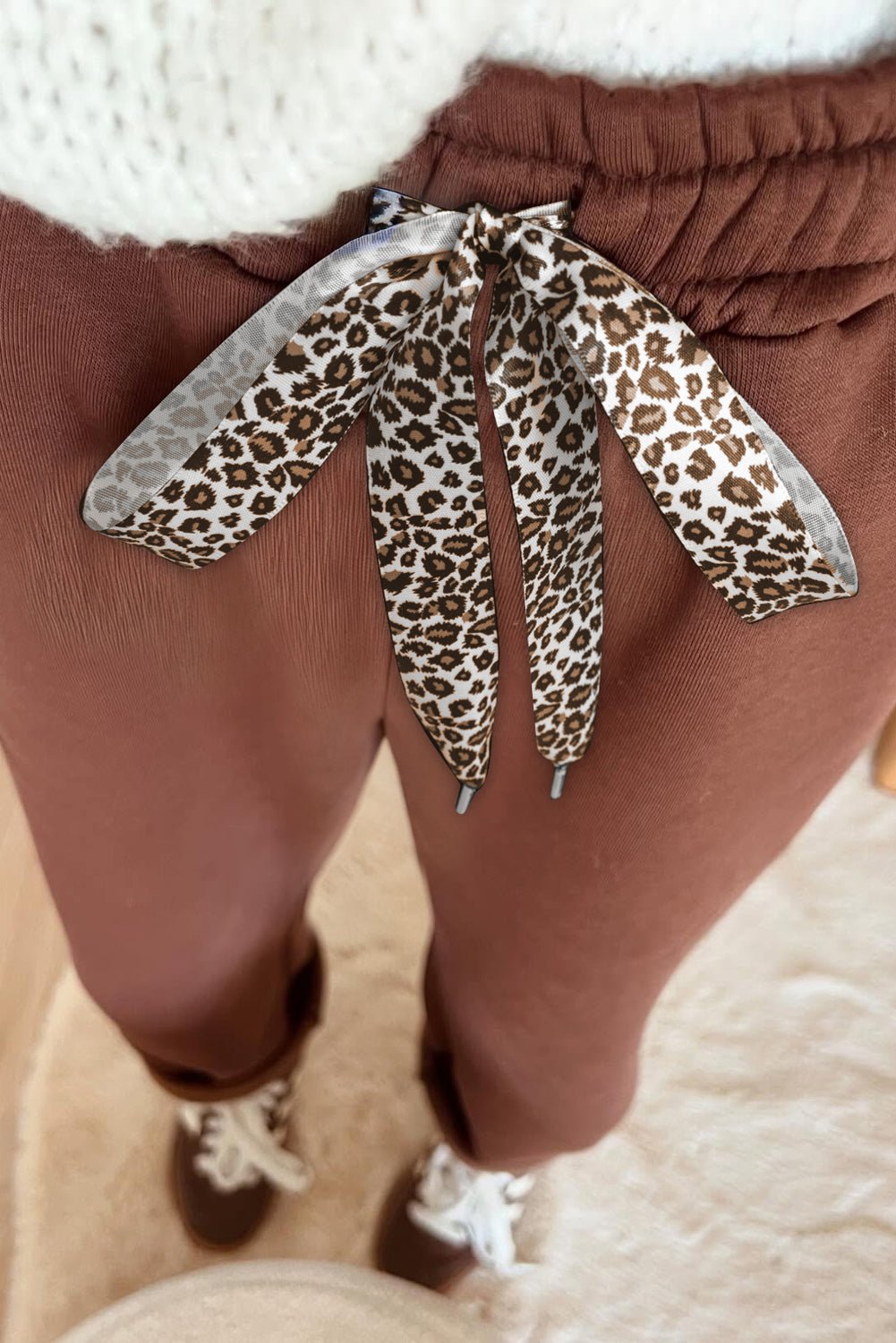 Coffee Leopard Drawstring Winter Fleece Pants - MAD RUFFI