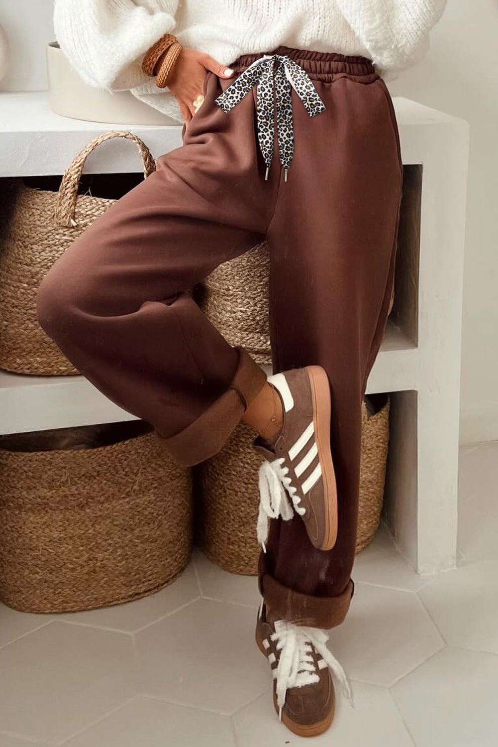 Coffee Leopard Drawstring Winter Fleece Pants - MAD RUFFI