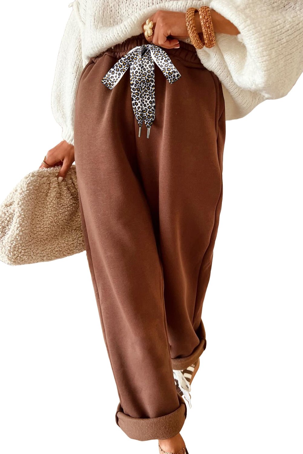 Coffee Leopard Drawstring Winter Fleece Pants - MAD RUFFI