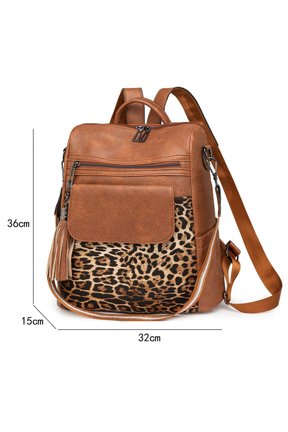 Coffee Leopard Patchwork PU Leather Functional Backpack - MAD RUFFI