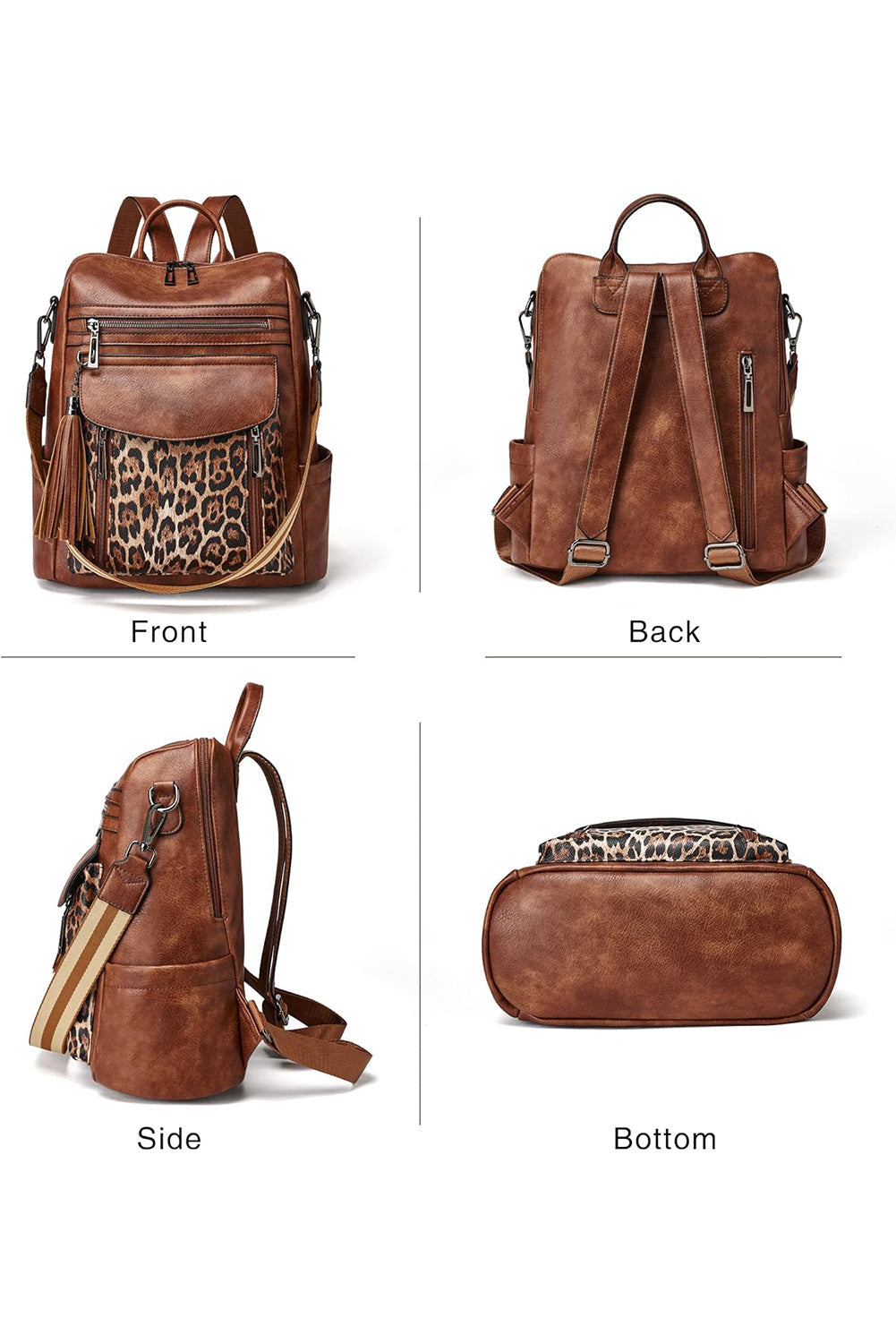 Coffee Leopard Patchwork PU Leather Functional Backpack - MAD RUFFI