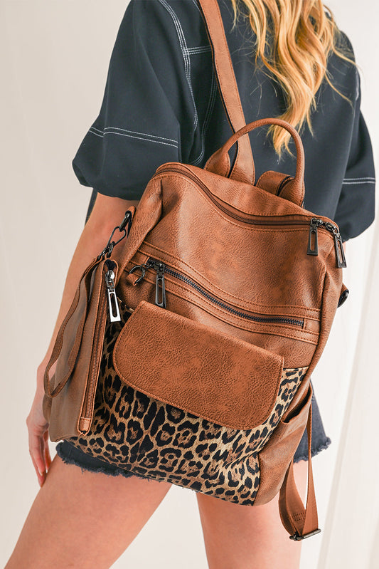 Coffee Leopard Patchwork PU Leather Functional Backpack - MAD RUFFI