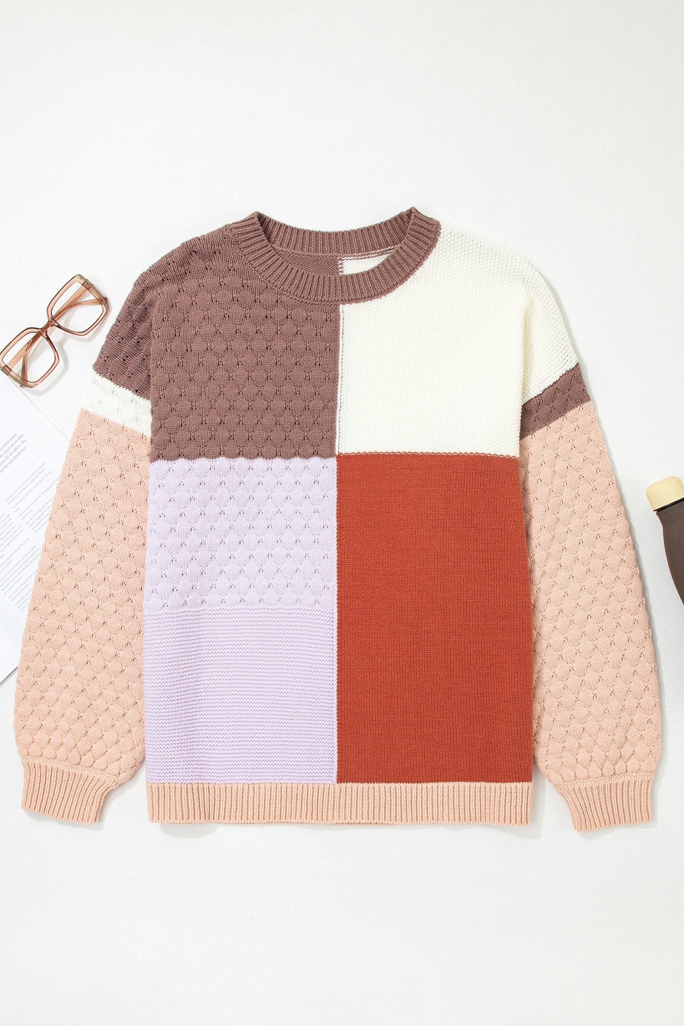 Coffee Mix Texture Colorblock Knit Baggy Sweater - MAD RUFFI