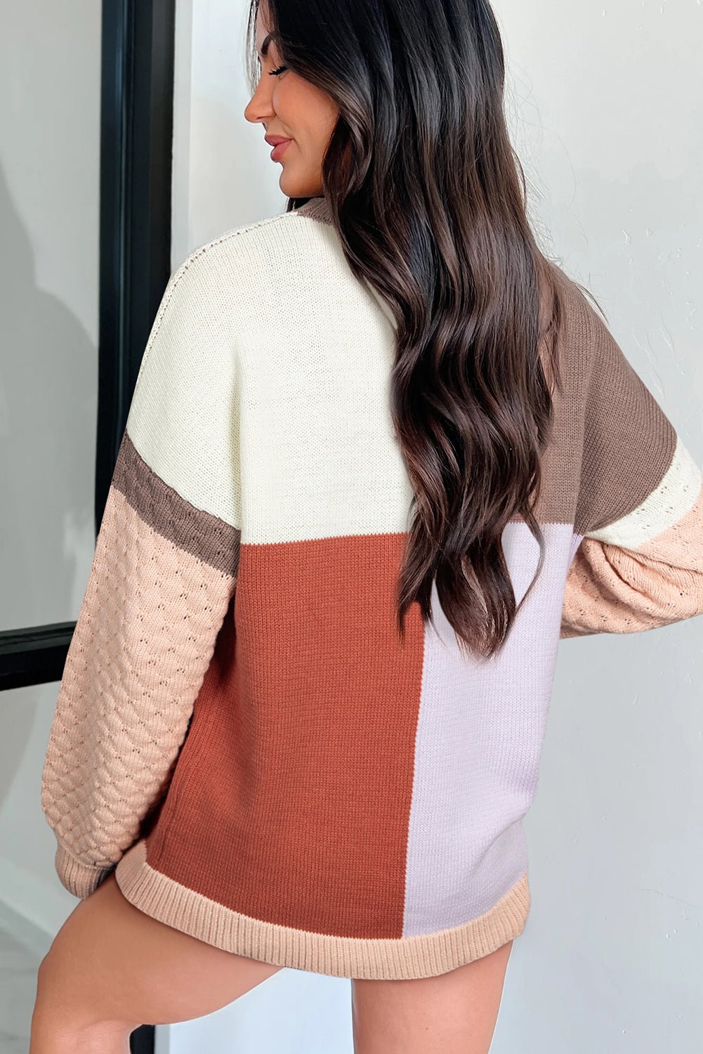 Coffee Mix Texture Colorblock Knit Baggy Sweater - MAD RUFFI