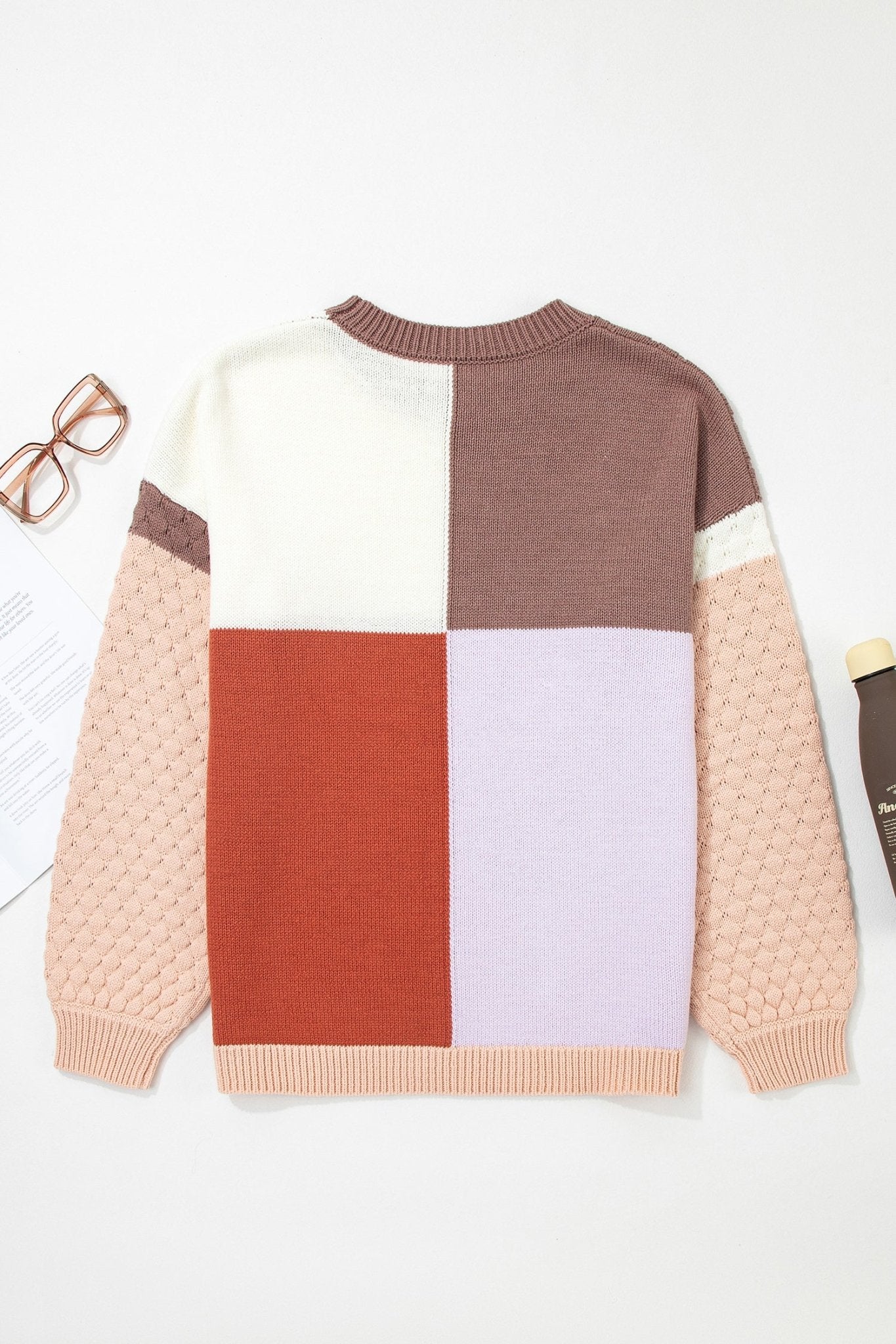 Coffee Mix Texture Colorblock Knit Baggy Sweater - MAD RUFFI