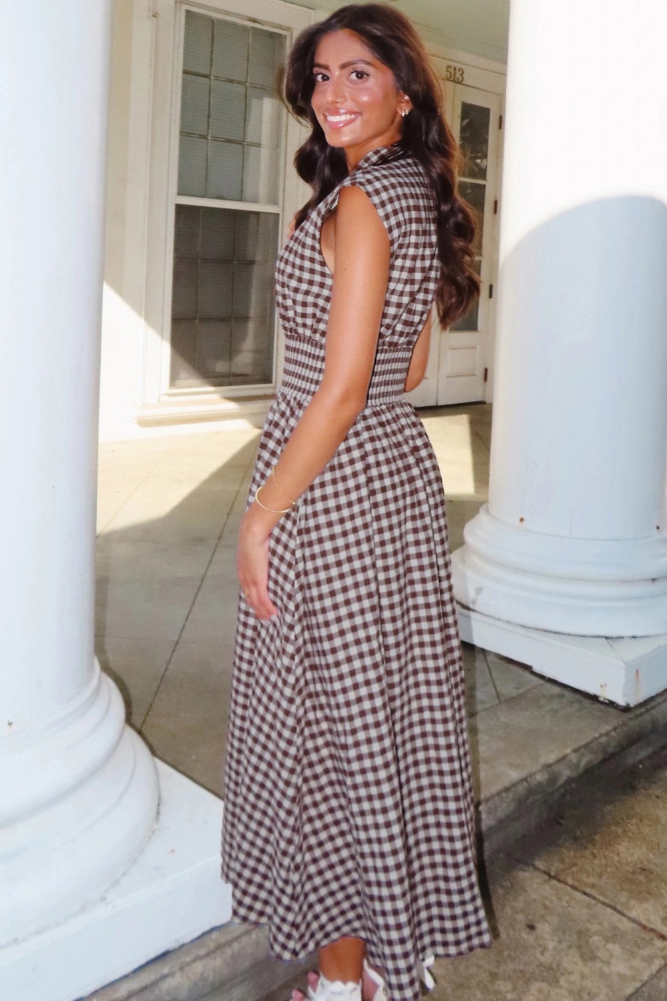 Coffee Plaid Print Full Zipper Cinched Waist Fit Flare Sleeveless Maxi Dress 