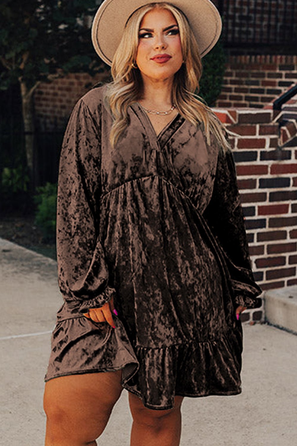 Coffee Plus Size Velvet Babydoll Mini Dress - MAD RUFFI