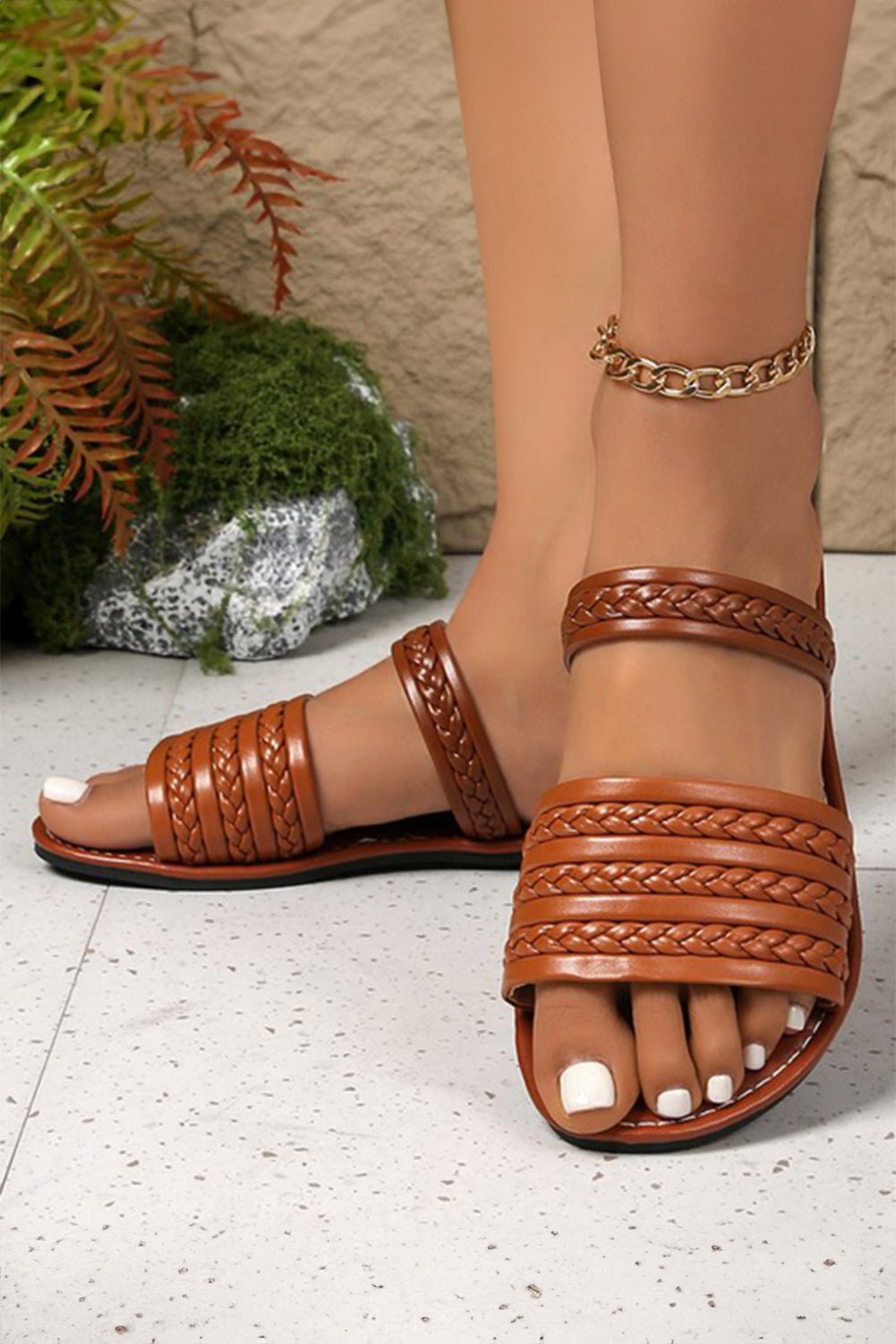 Coffee PU Leather Braided Flat Slippers - MAD RUFFI