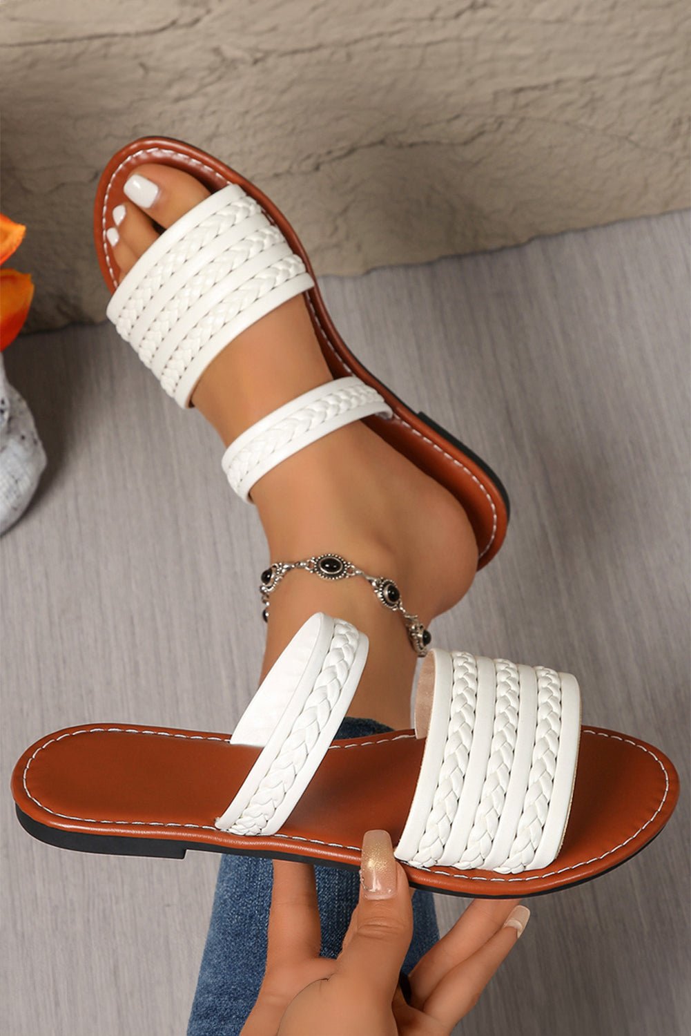 Coffee PU Leather Braided Flat Slippers - MAD RUFFI