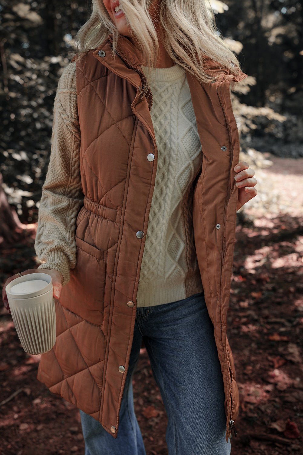 Coffee Puffer Quilted Stand Collar Pocketed Vest Coat - MAD RUFFI