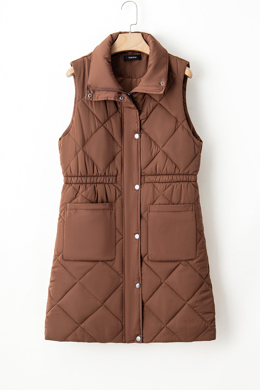 Coffee Puffer Quilted Stand Collar Pocketed Vest Coat - MAD RUFFI