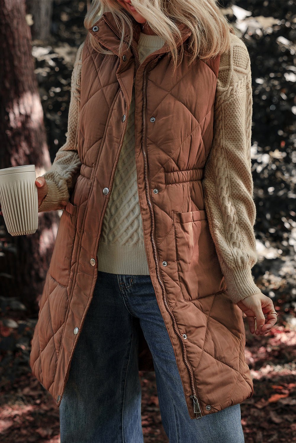 Coffee Puffer Quilted Stand Collar Pocketed Vest Coat - MAD RUFFI