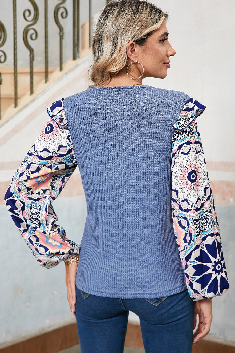 Coffee Ruffle Floral Sleeve Patchwork Waffle Top - MAD RUFFI