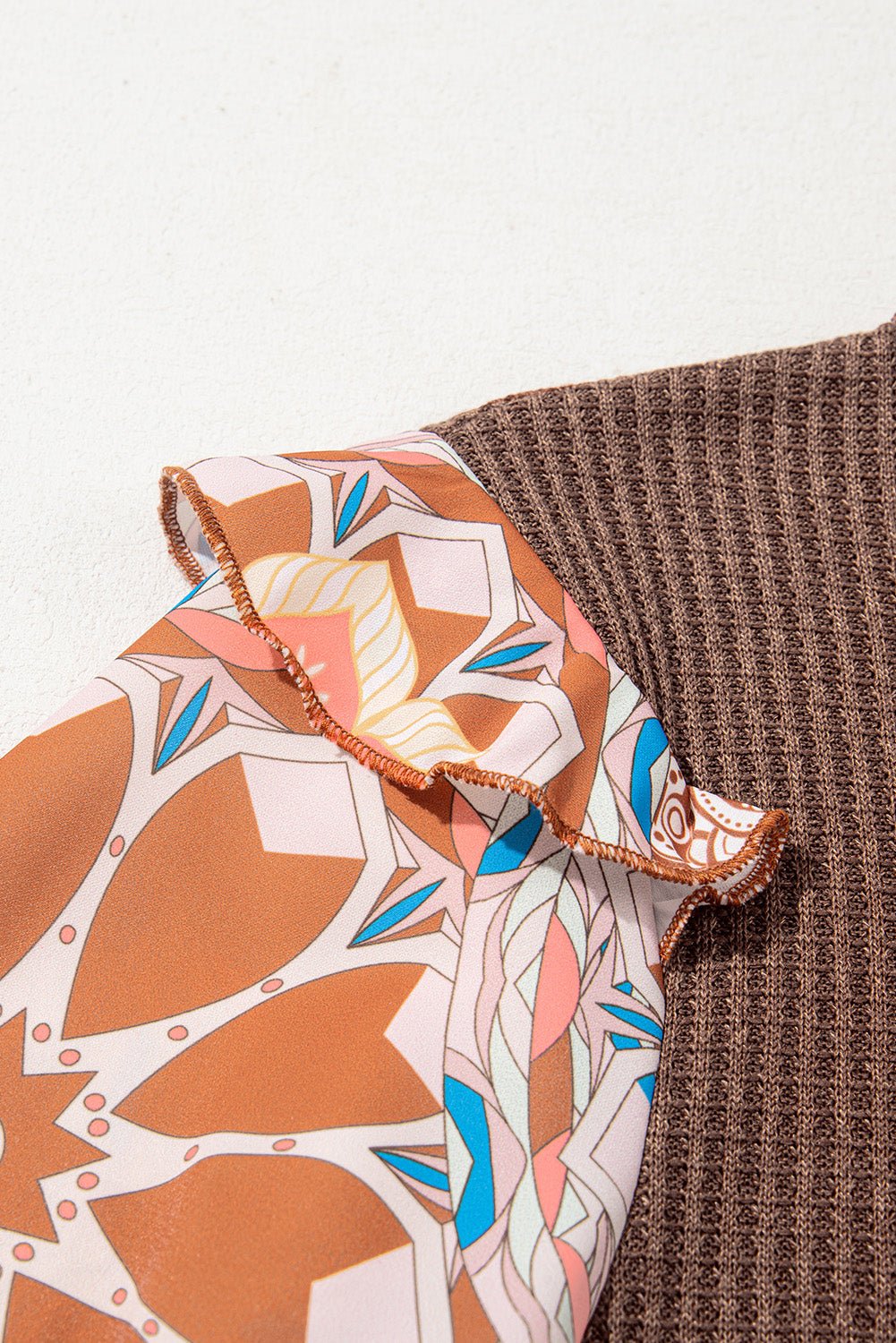 Coffee Ruffle Floral Sleeve Patchwork Waffle Top - MAD RUFFI