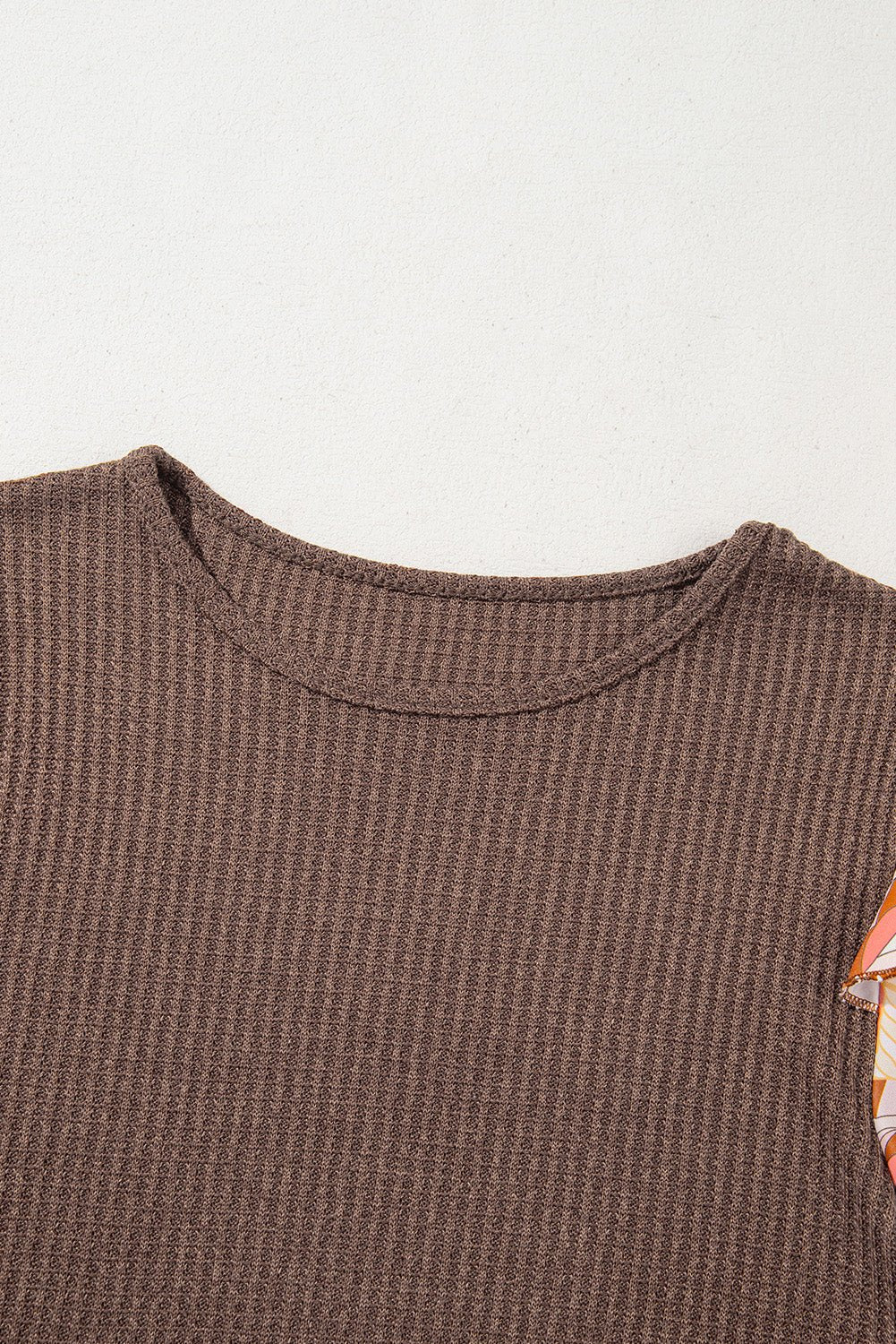 Coffee Ruffle Floral Sleeve Patchwork Waffle Top - MAD RUFFI