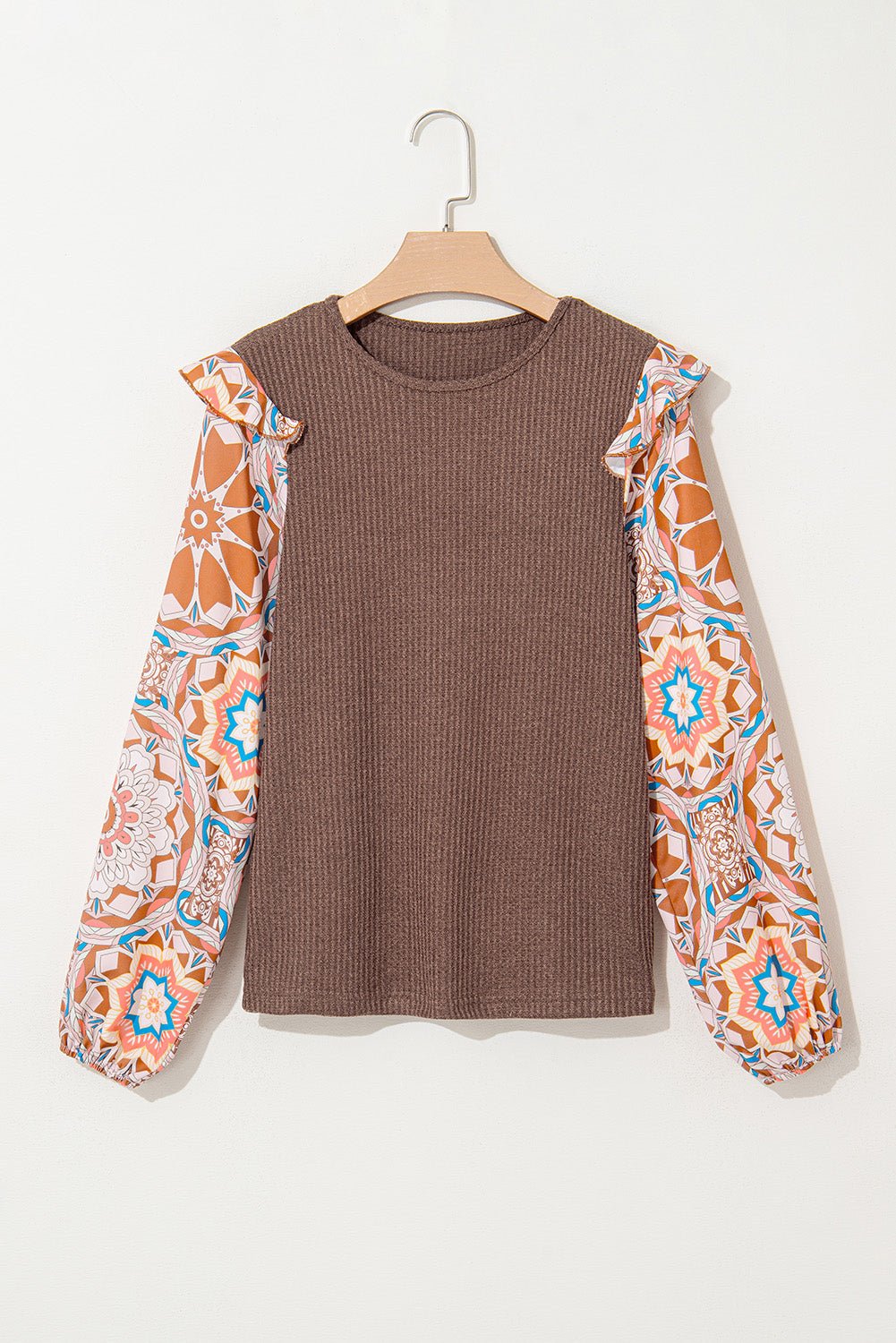 Coffee Ruffle Floral Sleeve Patchwork Waffle Top - MAD RUFFI