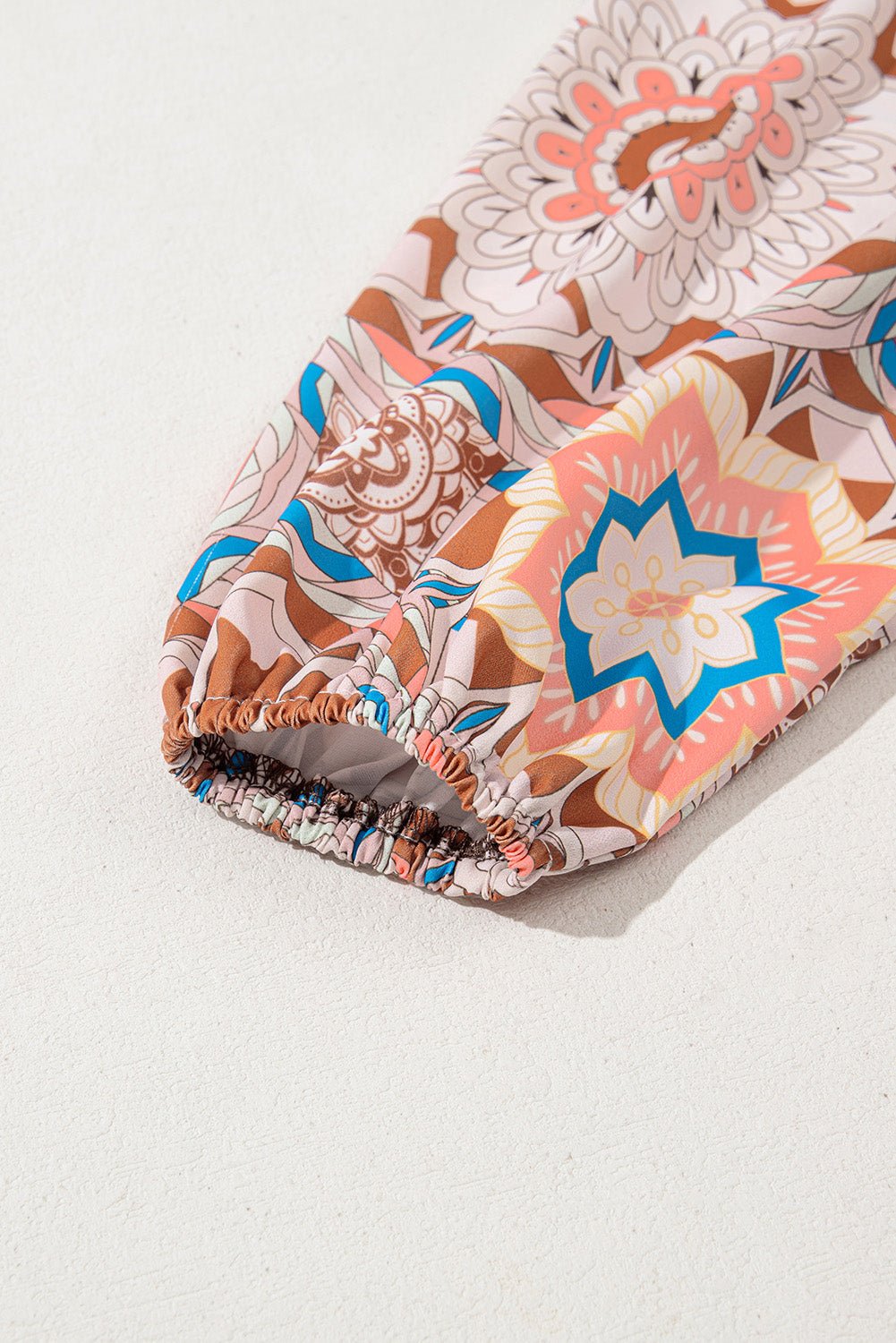 Coffee Ruffle Floral Sleeve Patchwork Waffle Top - MAD RUFFI