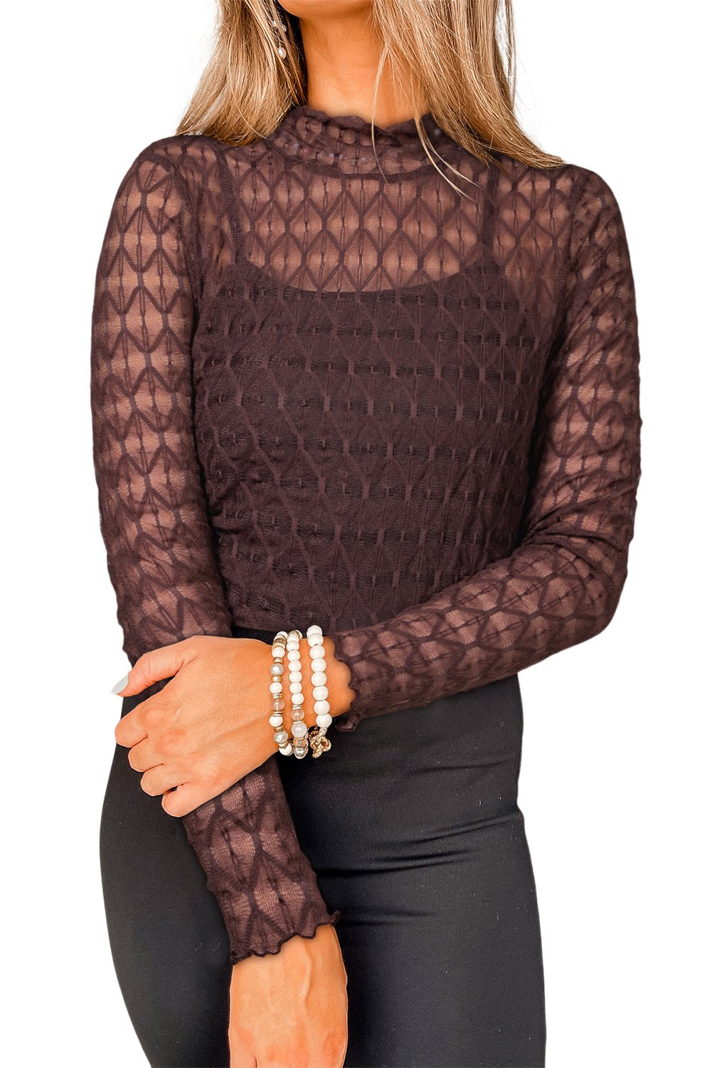 Coffee Sheer Mesh Lettuce Trim Slim Long Sleeve Top - MAD RUFFI