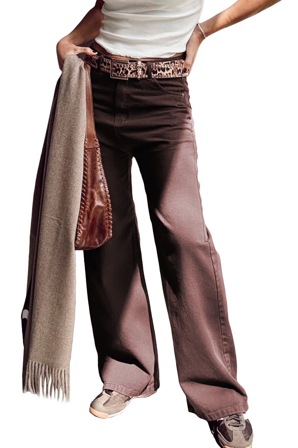 Coffee Solid Color Loose Straight High Waist Jeans - MAD RUFFI