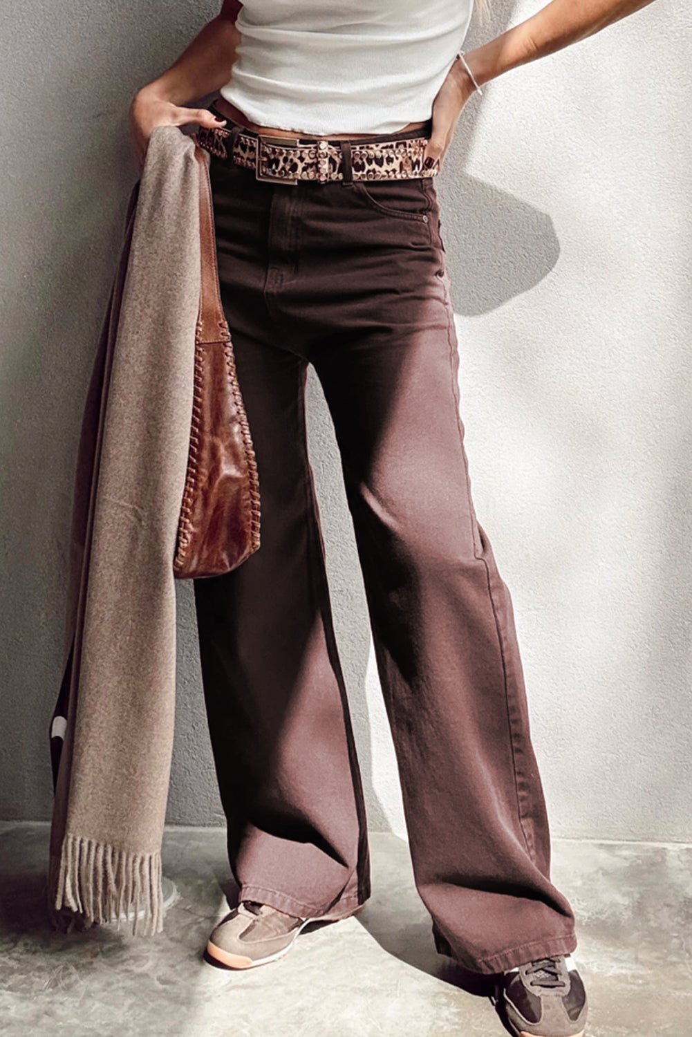 Coffee Solid Color Loose Straight High Waist Jeans - MAD RUFFI