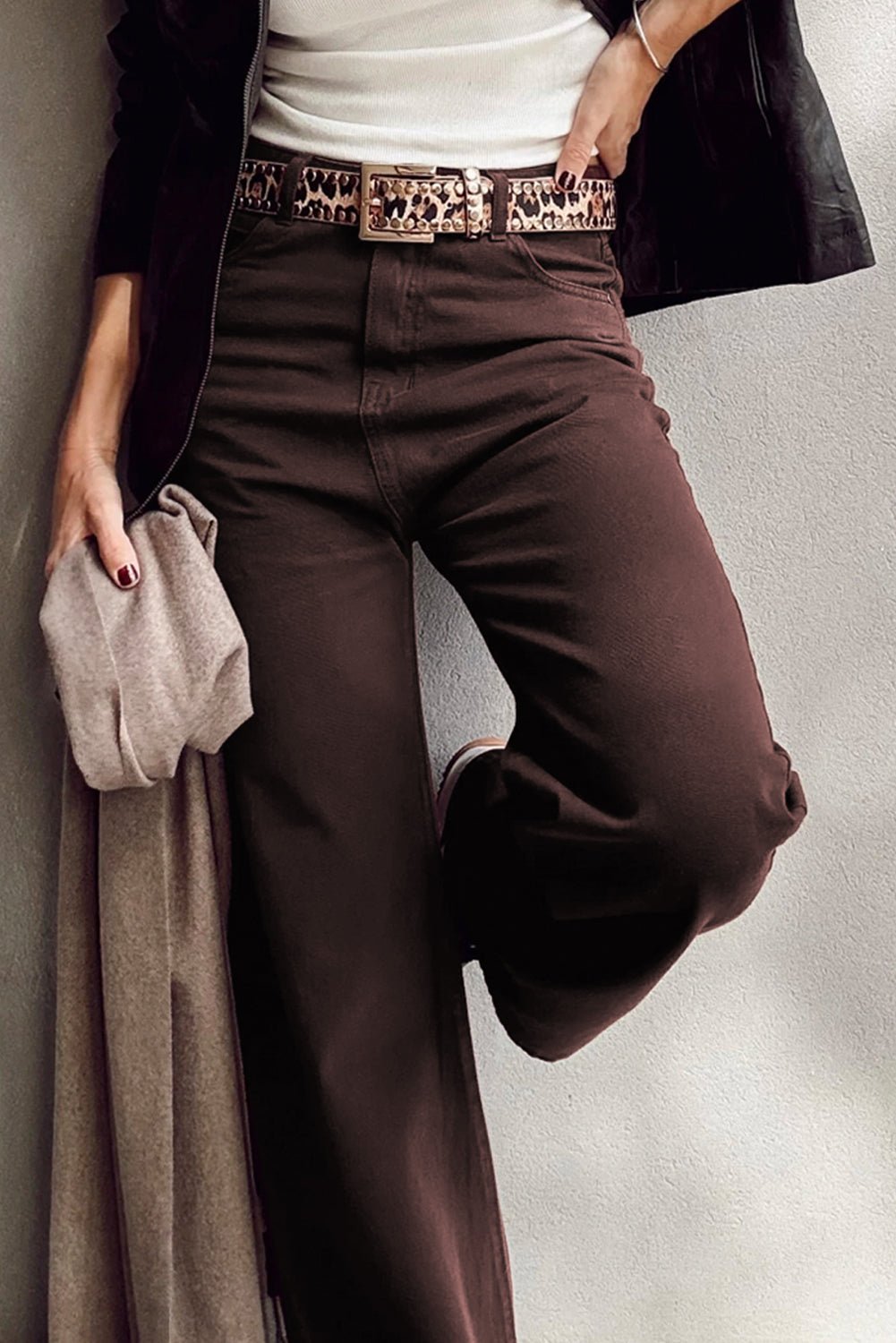 Coffee Solid Color Loose Straight High Waist Jeans - MAD RUFFI