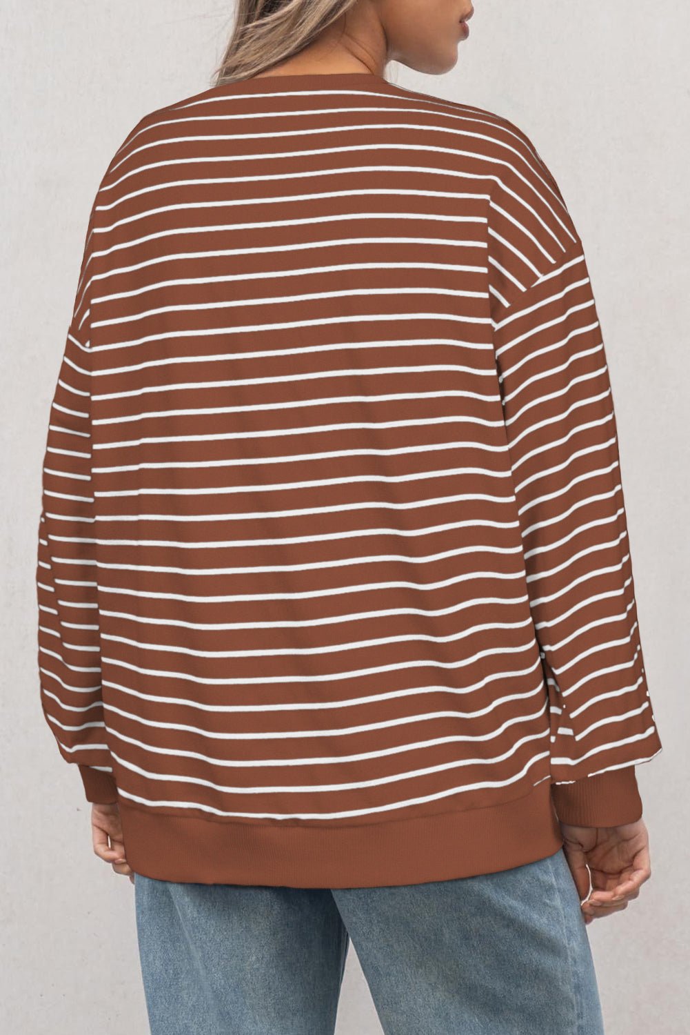 Coffee Striped Long Sleeve Round Neck Loose Fit Sweatshirt - MAD RUFFI
