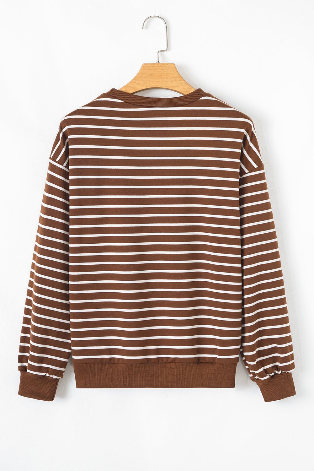 Coffee Striped Long Sleeve Round Neck Loose Fit Sweatshirt - MAD RUFFI