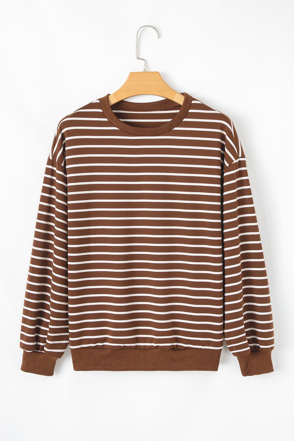Coffee Striped Long Sleeve Round Neck Loose Fit Sweatshirt - MAD RUFFI