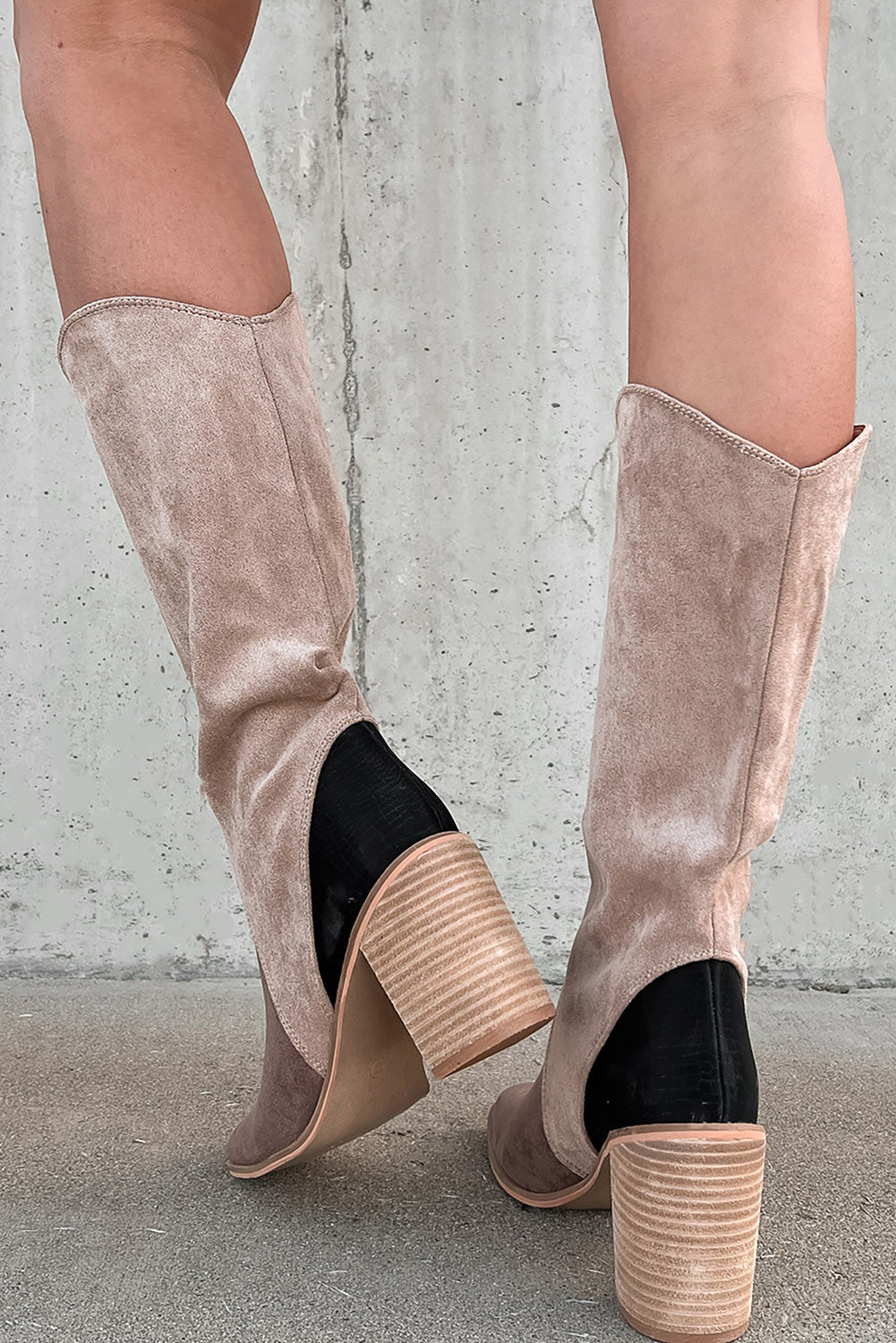 Coffee Suede Calf Length Chunky Heel Boots - MAD RUFFI