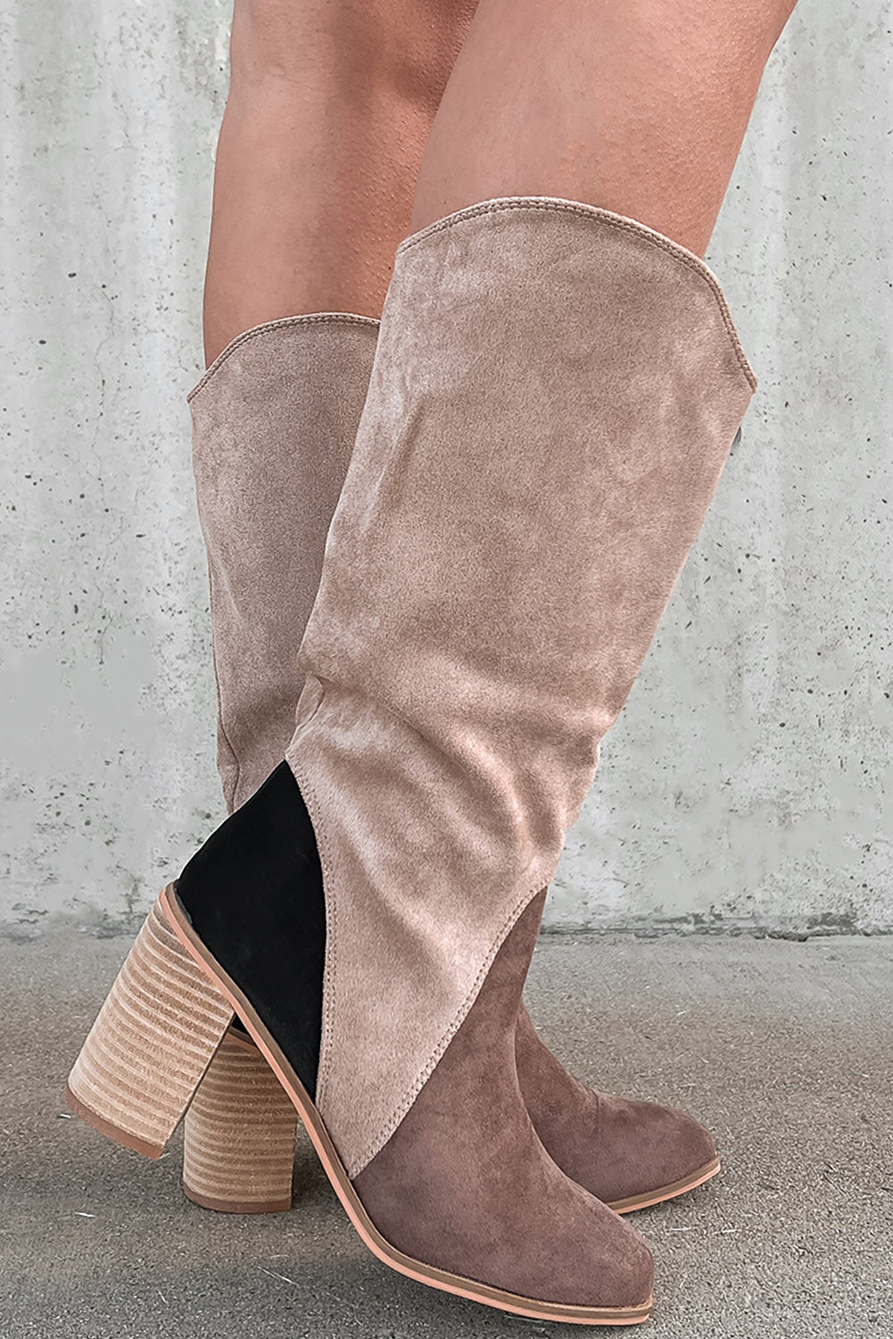 Coffee Suede Calf Length Chunky Heel Boots - MAD RUFFI