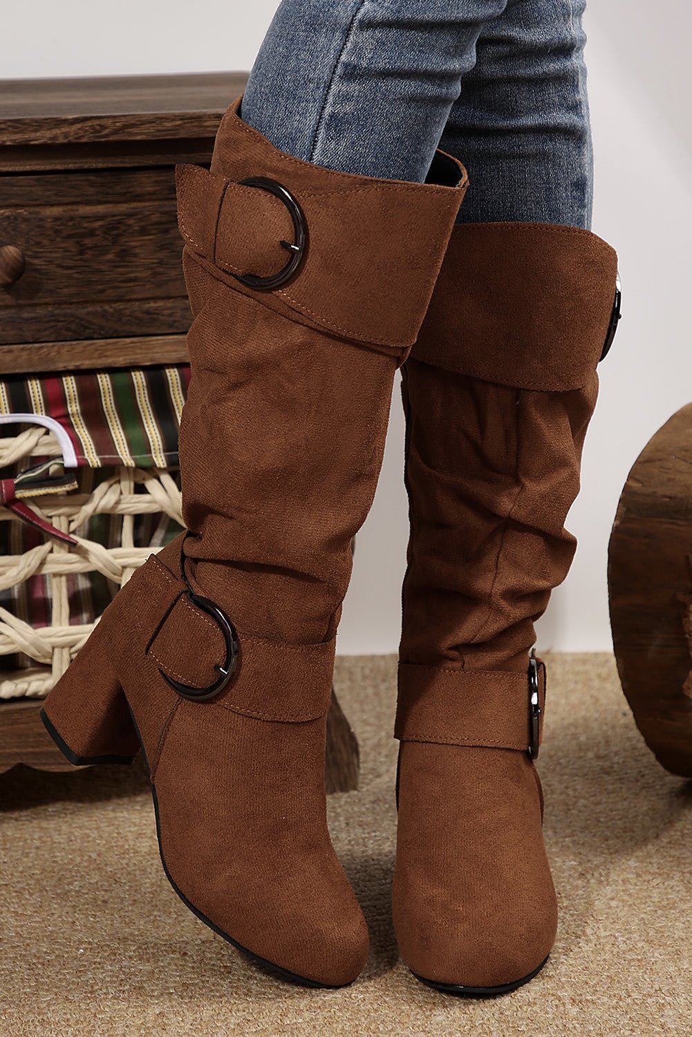 Coffee Suede Double Buckled Side Zipped Mid - calf Boots - MAD RUFFI