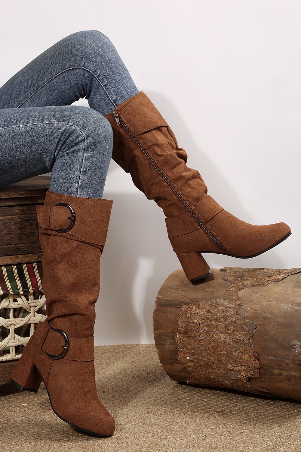 Coffee Suede Double Buckled Side Zipped Mid - calf Boots - MAD RUFFI