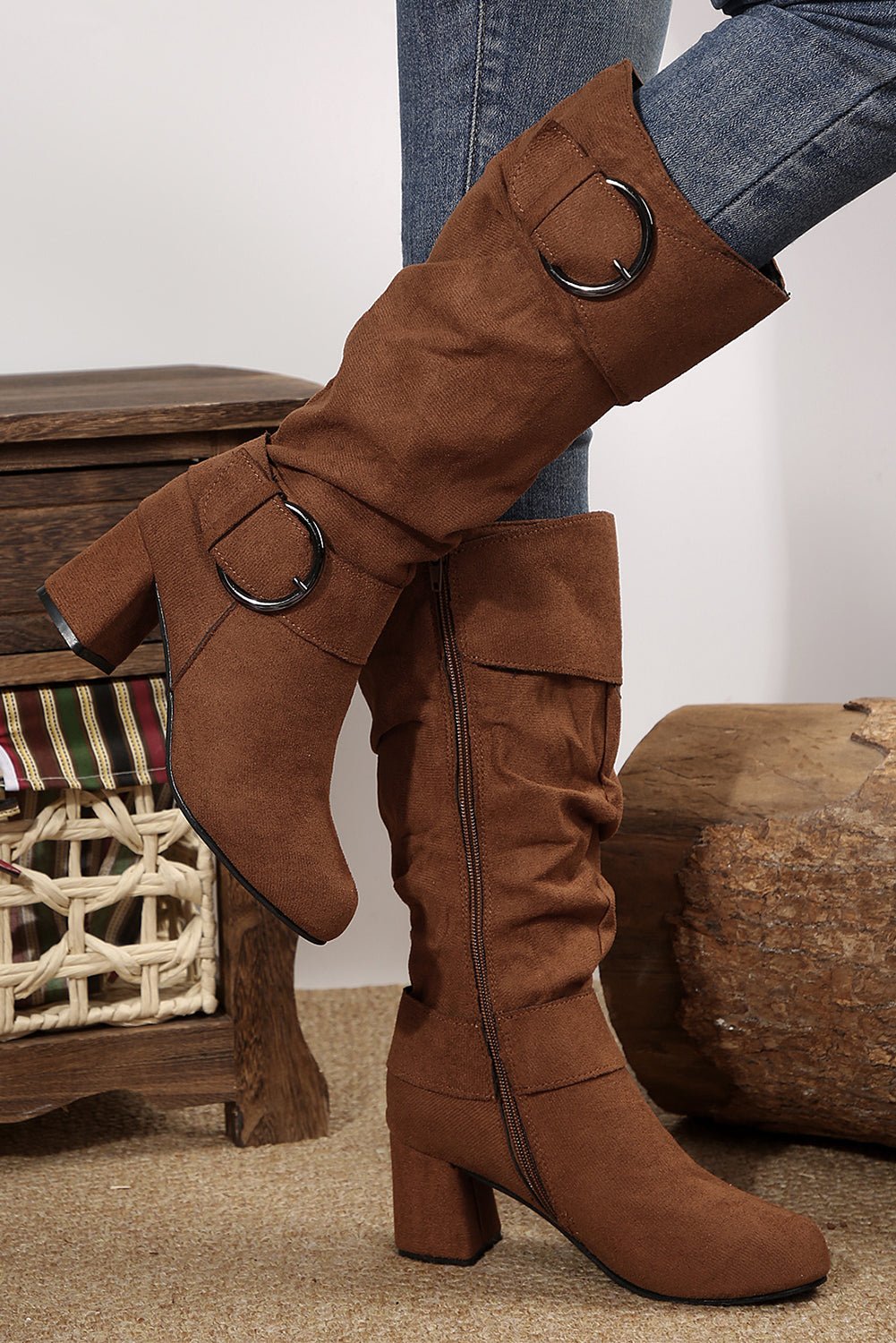 Coffee Suede Double Buckled Side Zipped Mid - calf Boots - MAD RUFFI