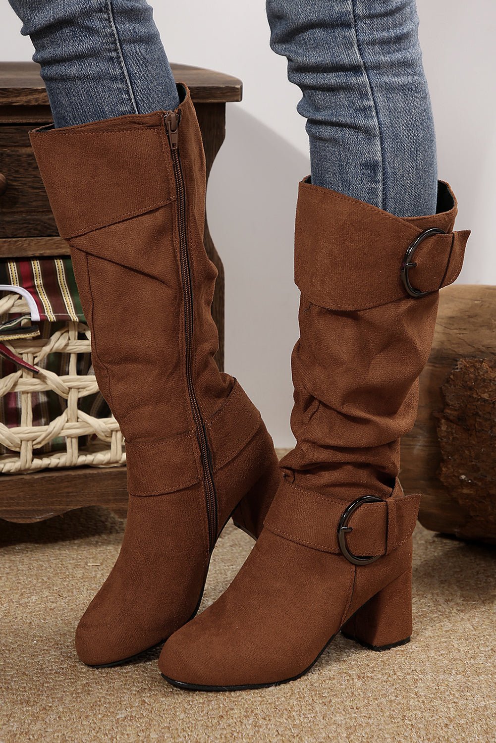Coffee Suede Double Buckled Side Zipped Mid - calf Boots - MAD RUFFI