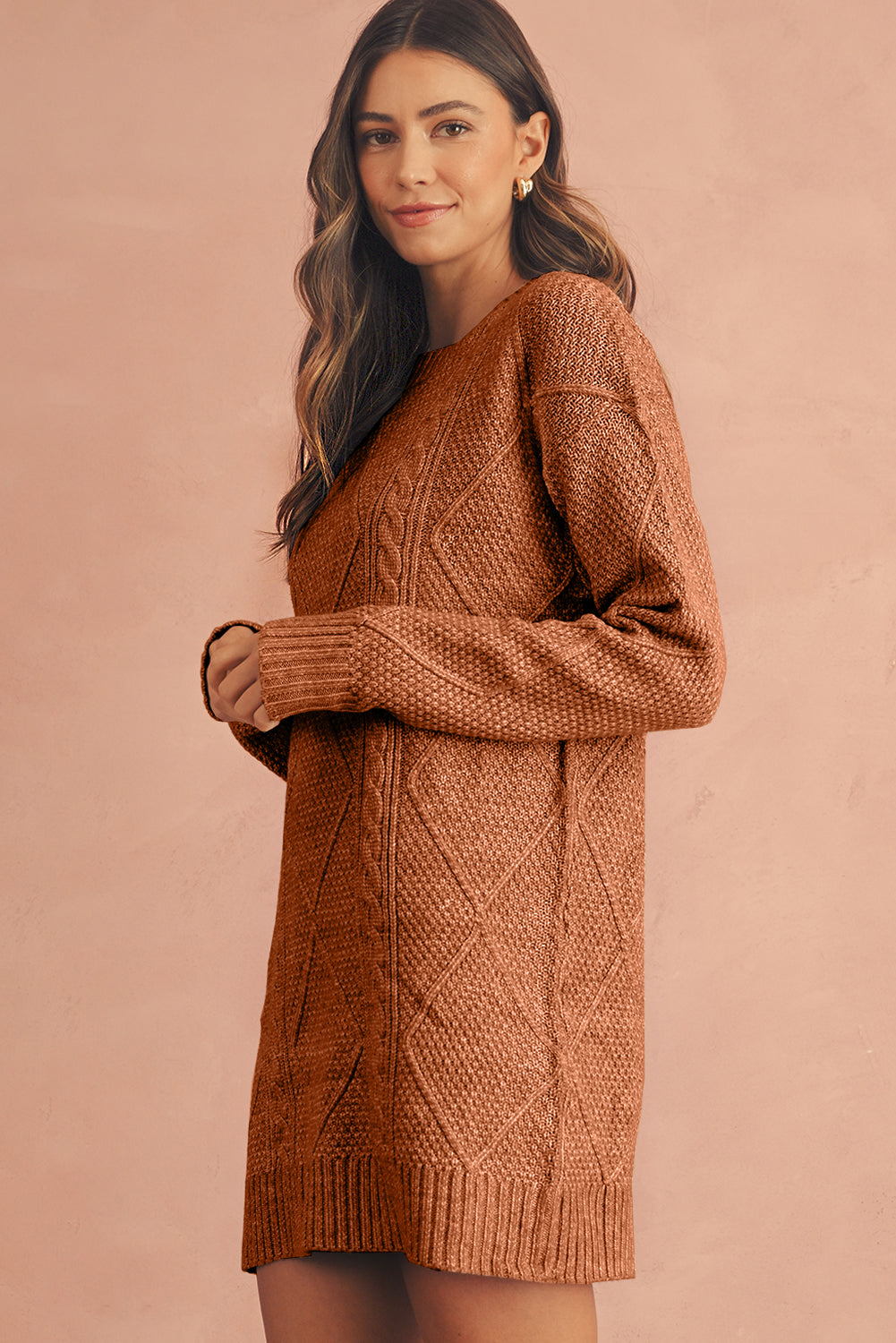 Coffee Twist Cable Knit Drop Shoulder Loose Fit Sweater Dress - MAD RUFFI