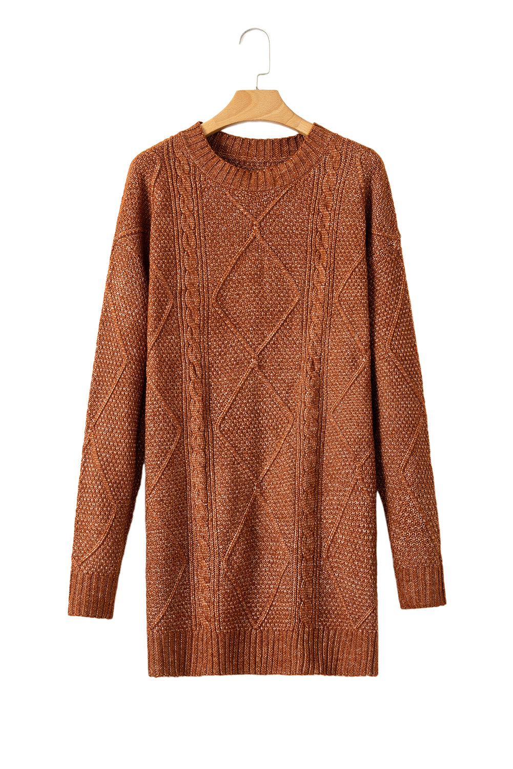 Coffee Twist Cable Knit Drop Shoulder Loose Fit Sweater Dress - MAD RUFFI