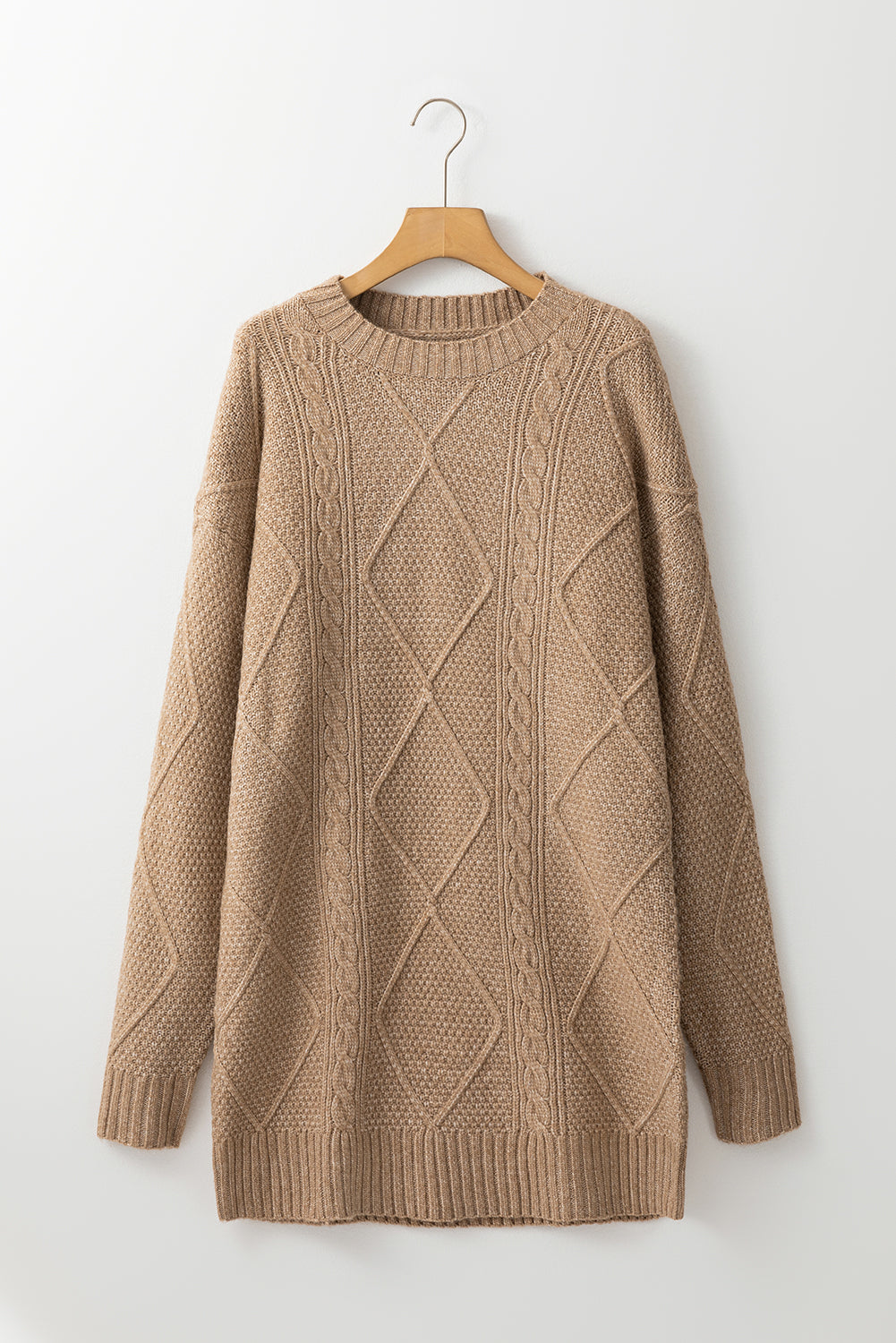 Coffee Twist Cable Knit Drop Shoulder Loose Fit Sweater Dress - MAD RUFFI