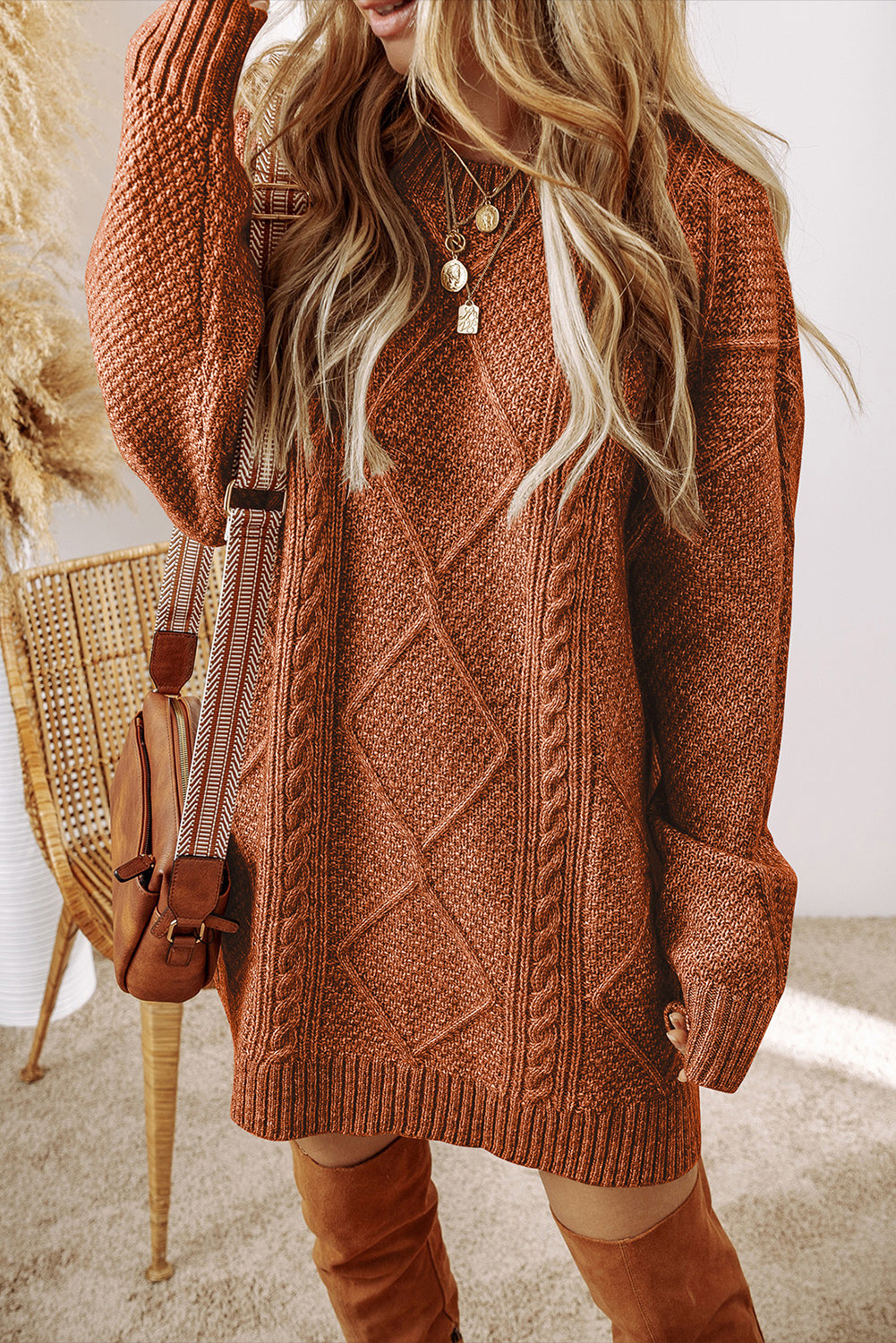 Coffee Twist Cable Knit Drop Shoulder Loose Fit Sweater Dress - MAD RUFFI