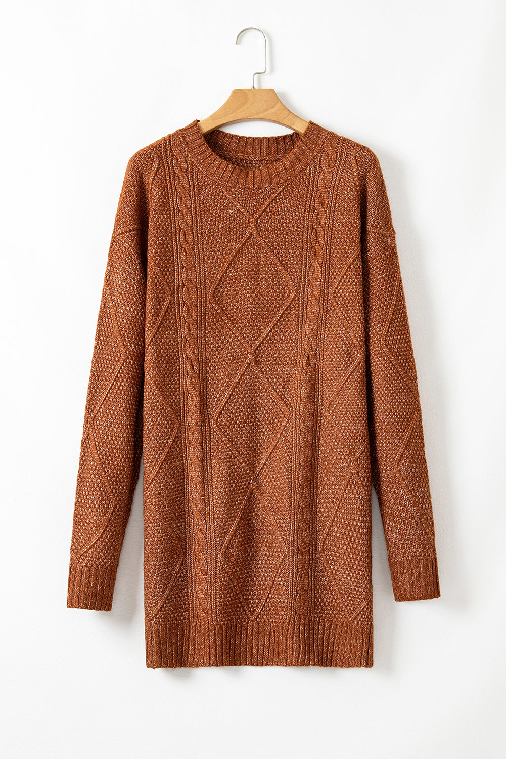 Coffee Twist Cable Knit Drop Shoulder Loose Fit Sweater Dress - MAD RUFFI