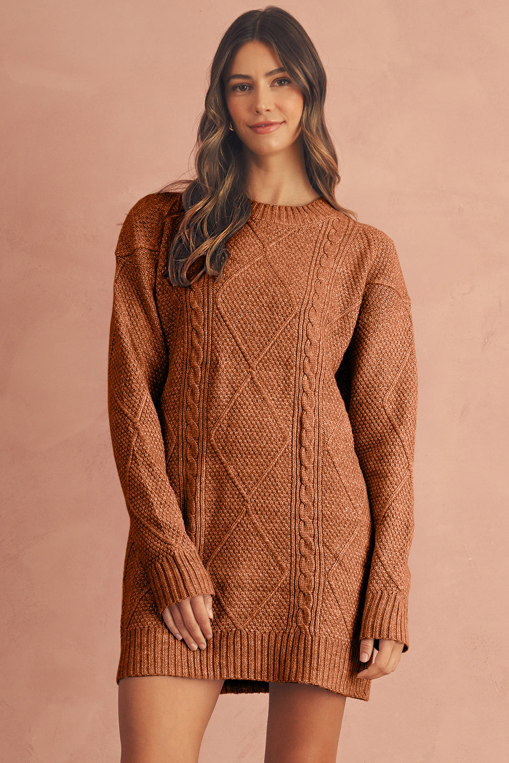 Coffee Twist Cable Knit Drop Shoulder Loose Fit Sweater Dress - MAD RUFFI