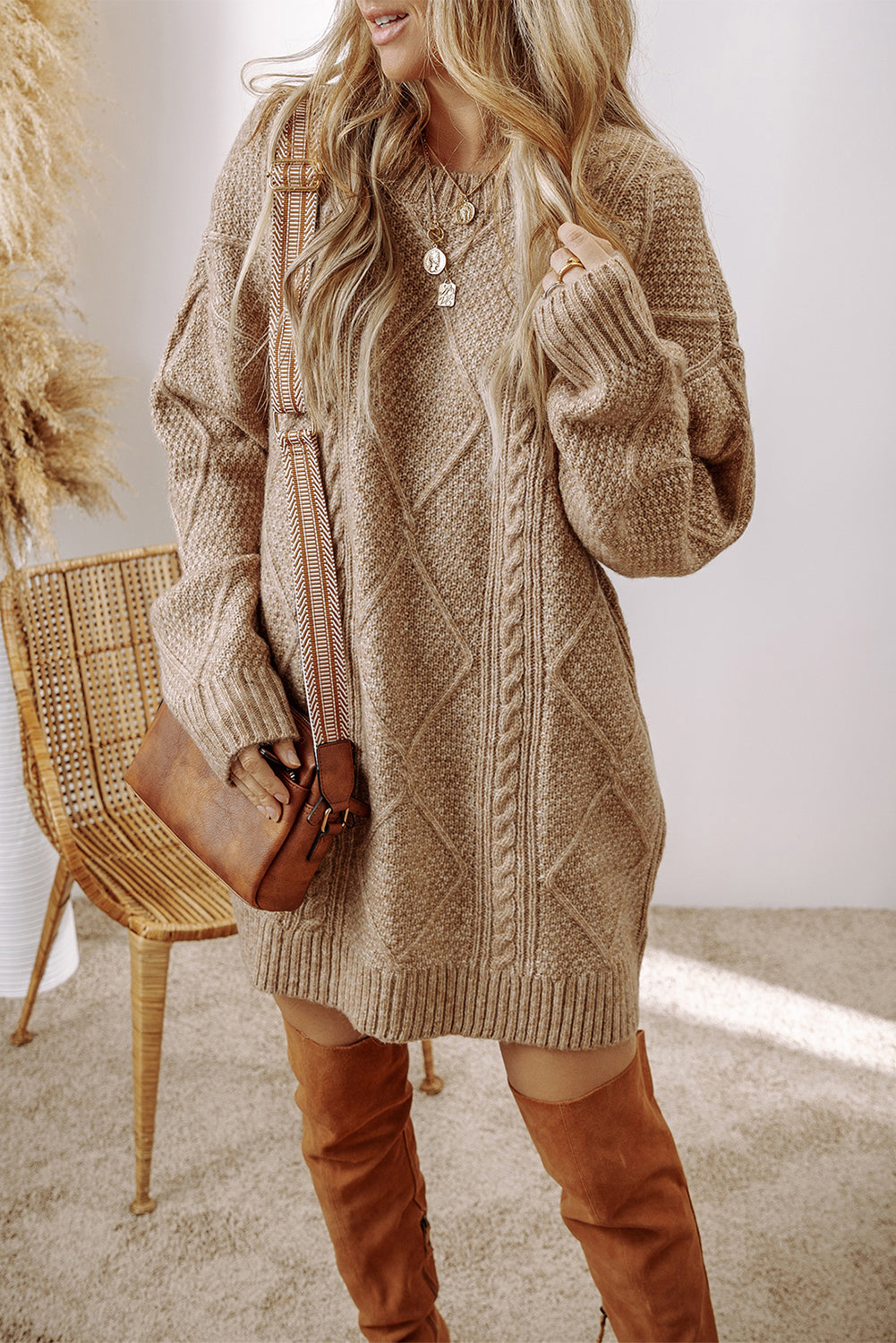 Coffee Twist Cable Knit Drop Shoulder Loose Fit Sweater Dress - MAD RUFFI