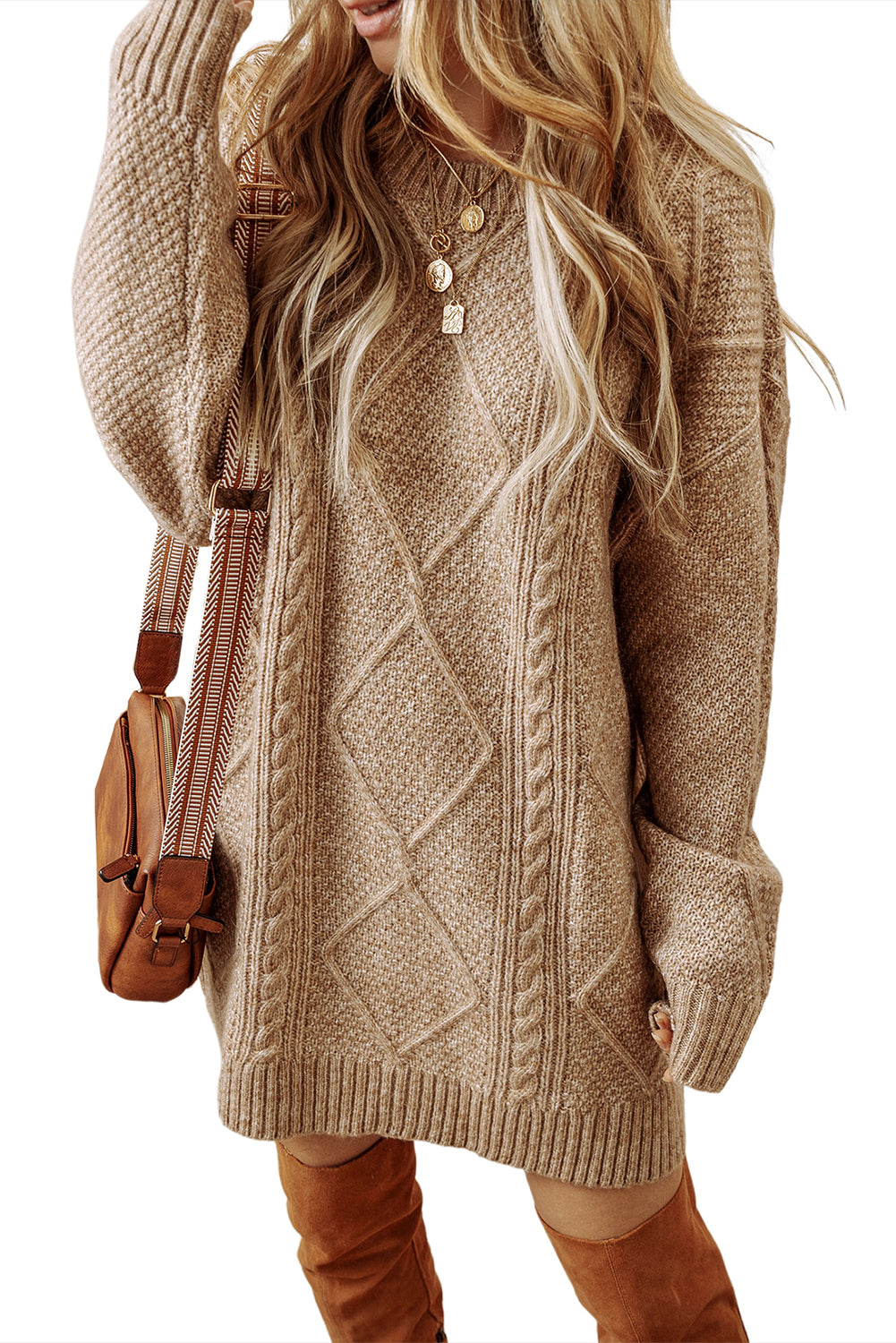 Coffee Twist Cable Knit Drop Shoulder Loose Fit Sweater Dress - MAD RUFFI