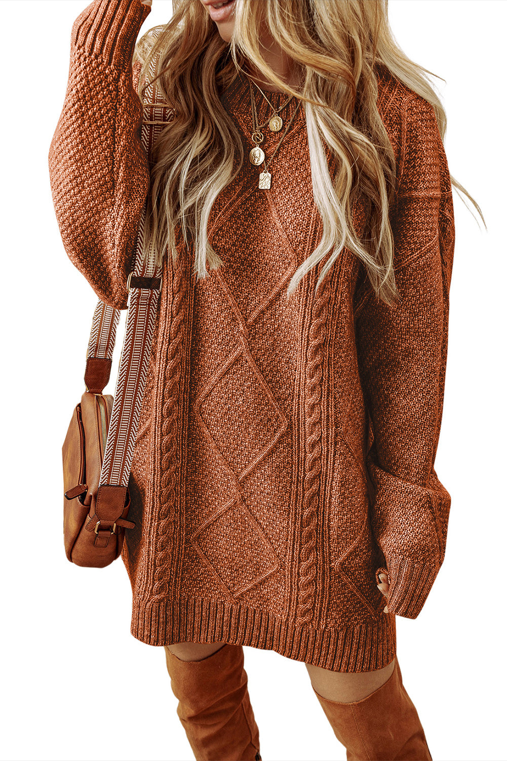 Coffee Twist Cable Knit Drop Shoulder Loose Fit Sweater Dress - MAD RUFFI