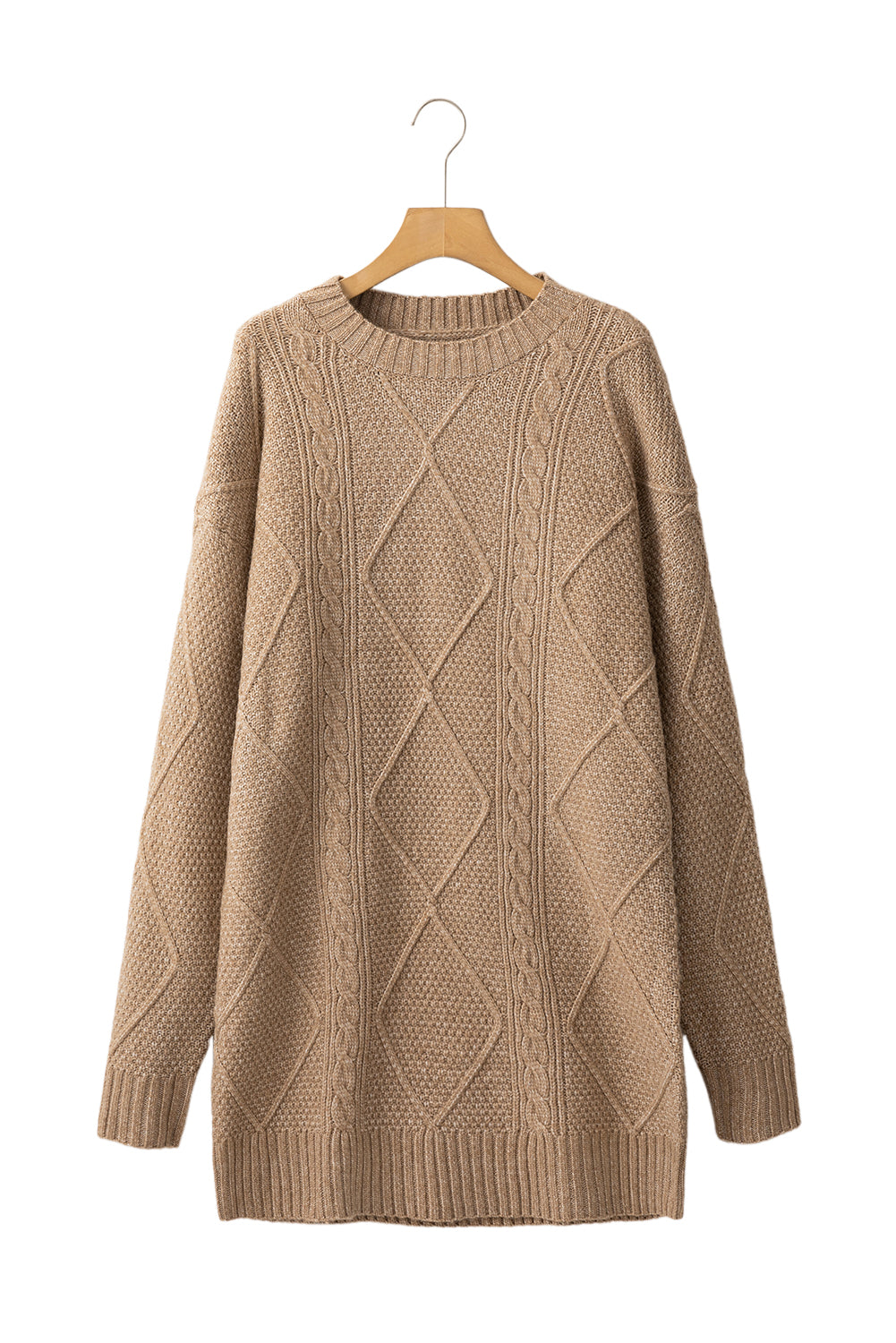 Coffee Twist Cable Knit Drop Shoulder Loose Fit Sweater Dress - MAD RUFFI