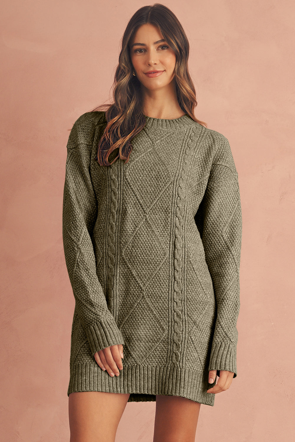 Coffee Twist Cable Knit Drop Shoulder Loose Fit Sweater Dress - MAD RUFFI