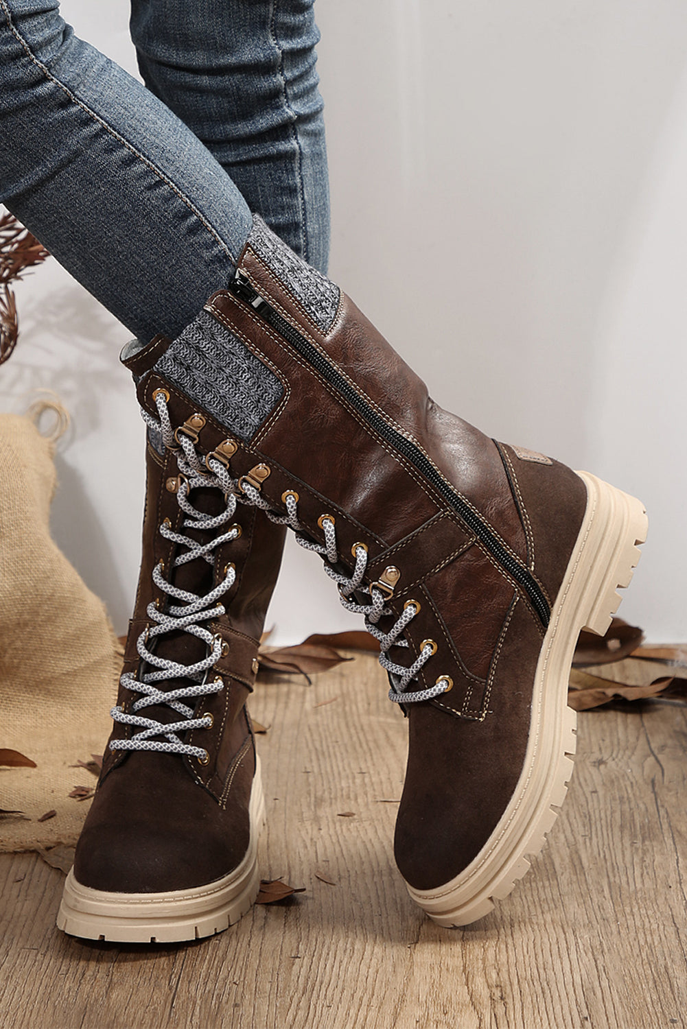 Coffee Wool Knit Patchwork Lace Up Leather Boots - MAD RUFFI