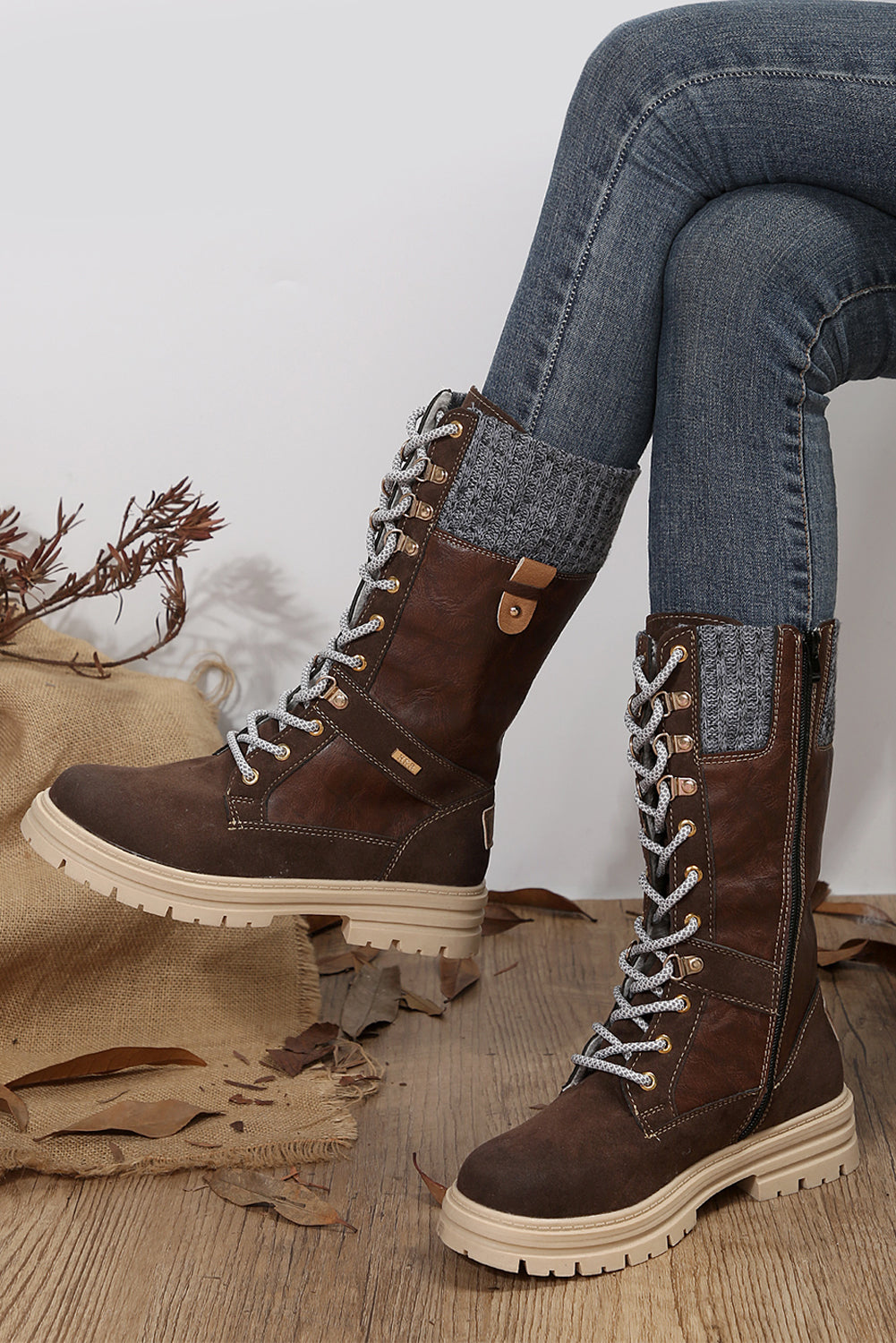 Coffee Wool Knit Patchwork Lace Up Leather Boots - MAD RUFFI