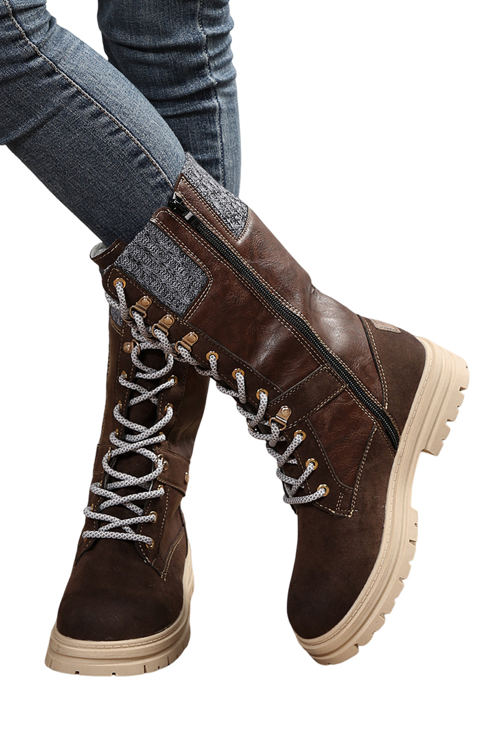 Coffee Wool Knit Patchwork Lace Up Leather Boots - MAD RUFFI