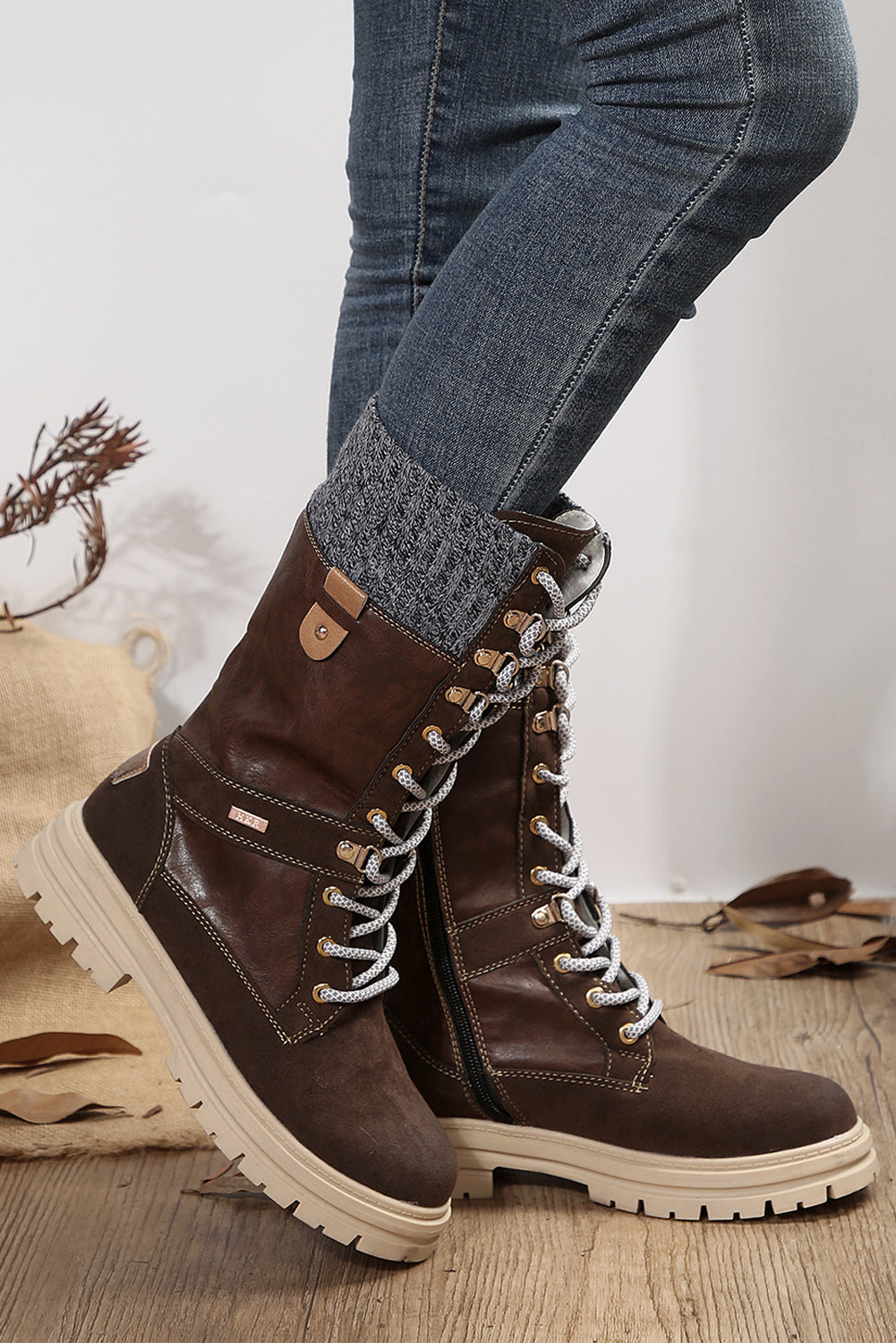 Coffee Wool Knit Patchwork Lace Up Leather Boots - MAD RUFFI