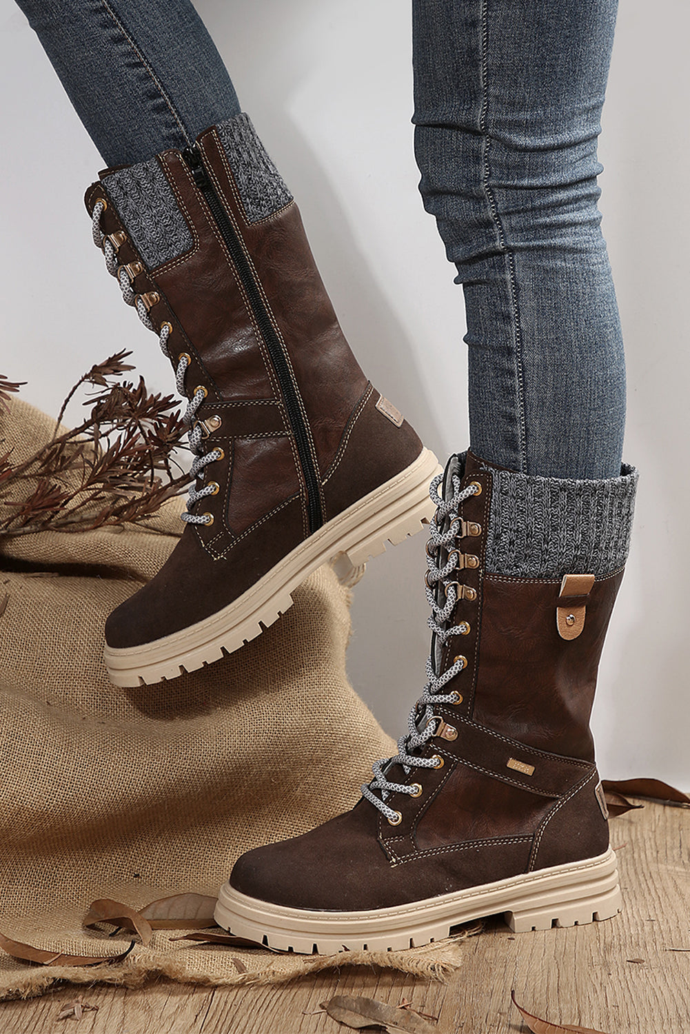 Coffee Wool Knit Patchwork Lace Up Leather Boots - MAD RUFFI